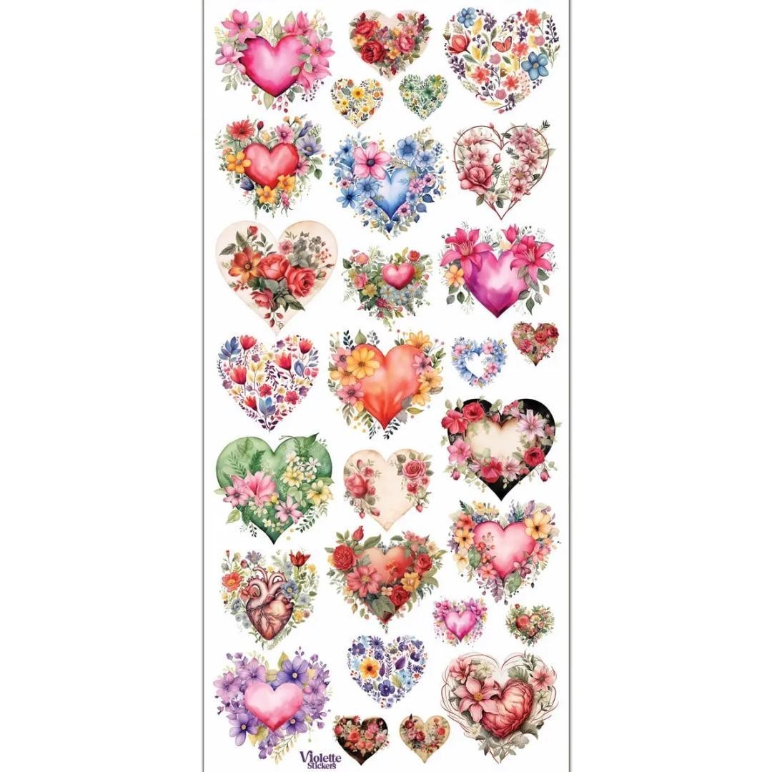 Violette Stickers - Flower Hearts - 1 Floral Heart Sticker Sheet - Scrapbooking