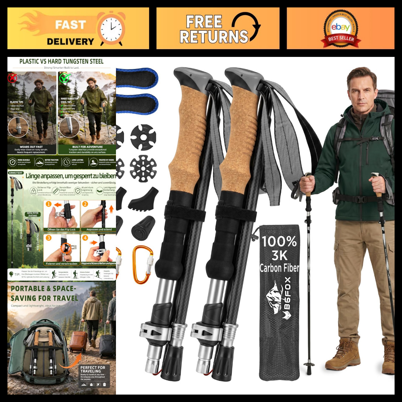 Lightweight 3K Carbon Fiber Trekking Poles - Adjustable Hiking Sticks for All Us