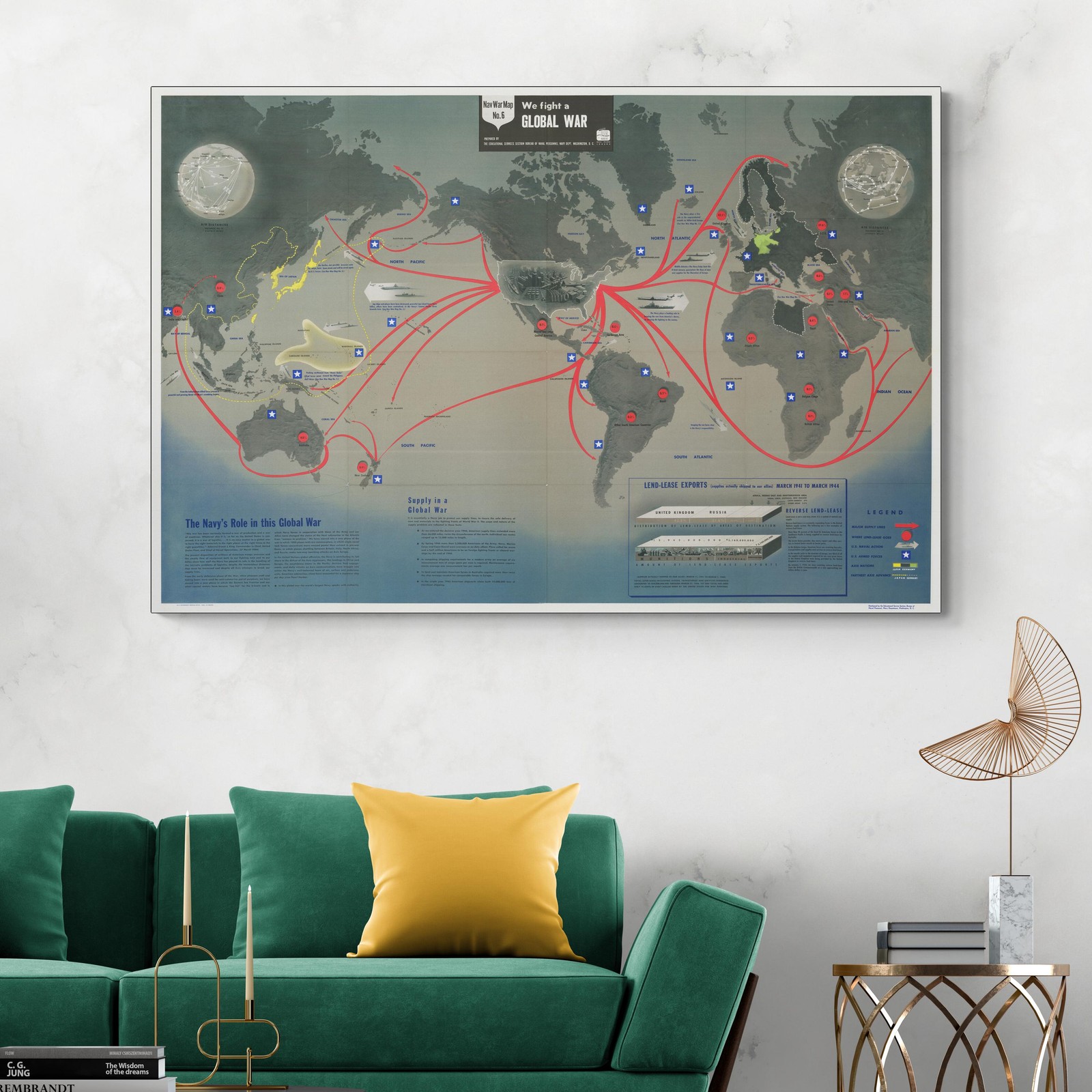 1944 NavWar Navy Map of the World – WWII Global Bases, Routes & Theaters