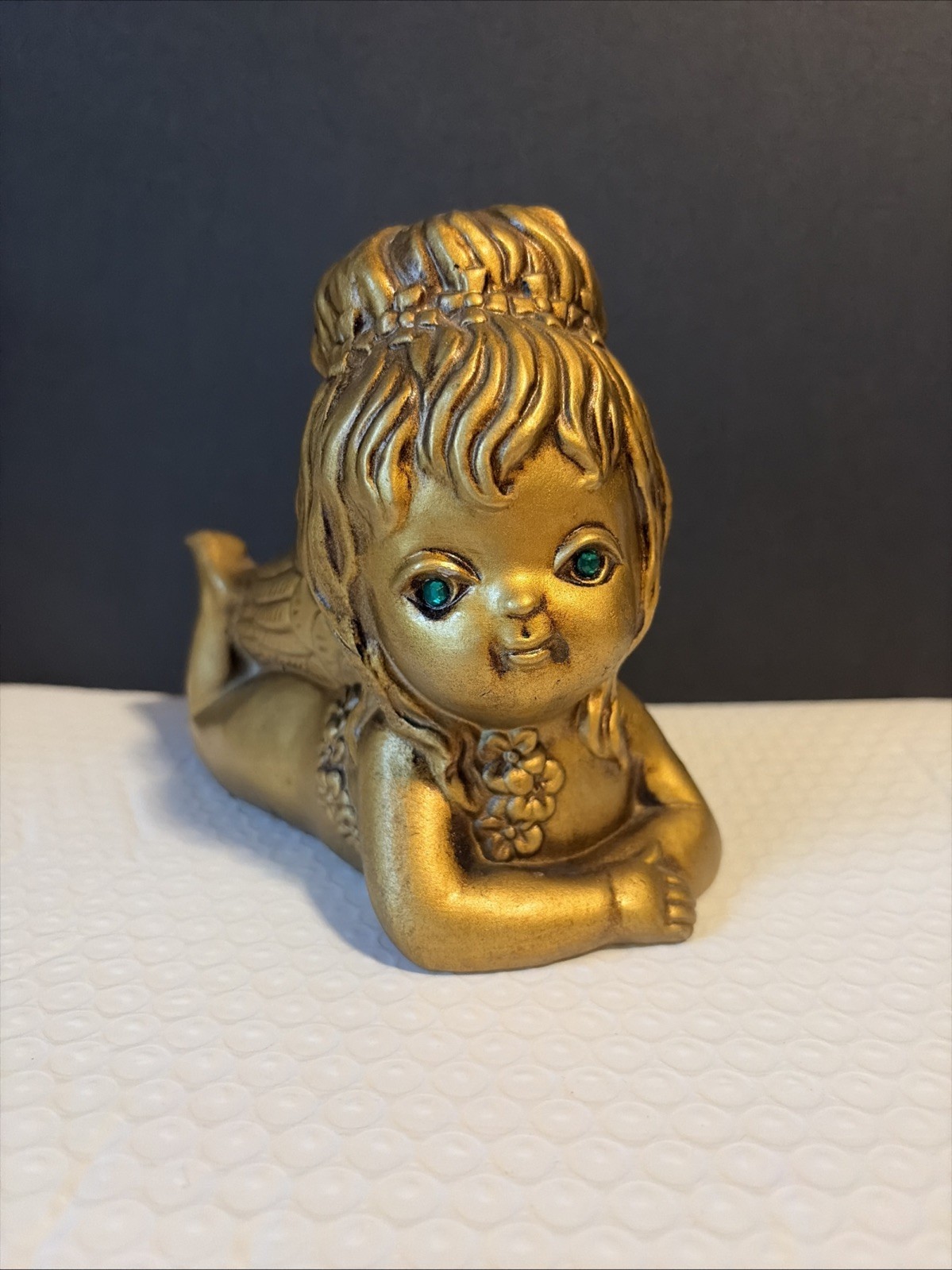 VTG MCM Kitschy Cherub Gold Japan Green Rhinestone Eyes