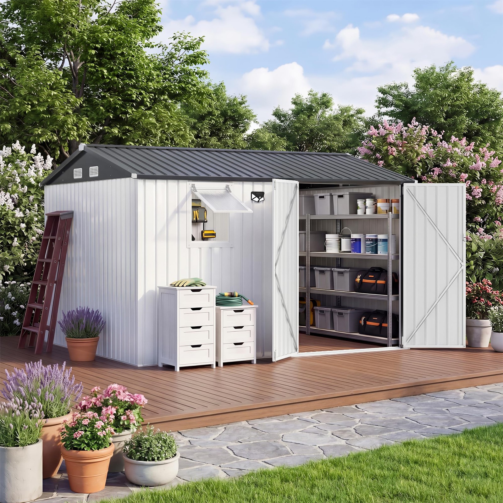 10X8Ft Outdoor Storage Shed with Pushable Window - LED Lamp, Pegboard, Metal Gar