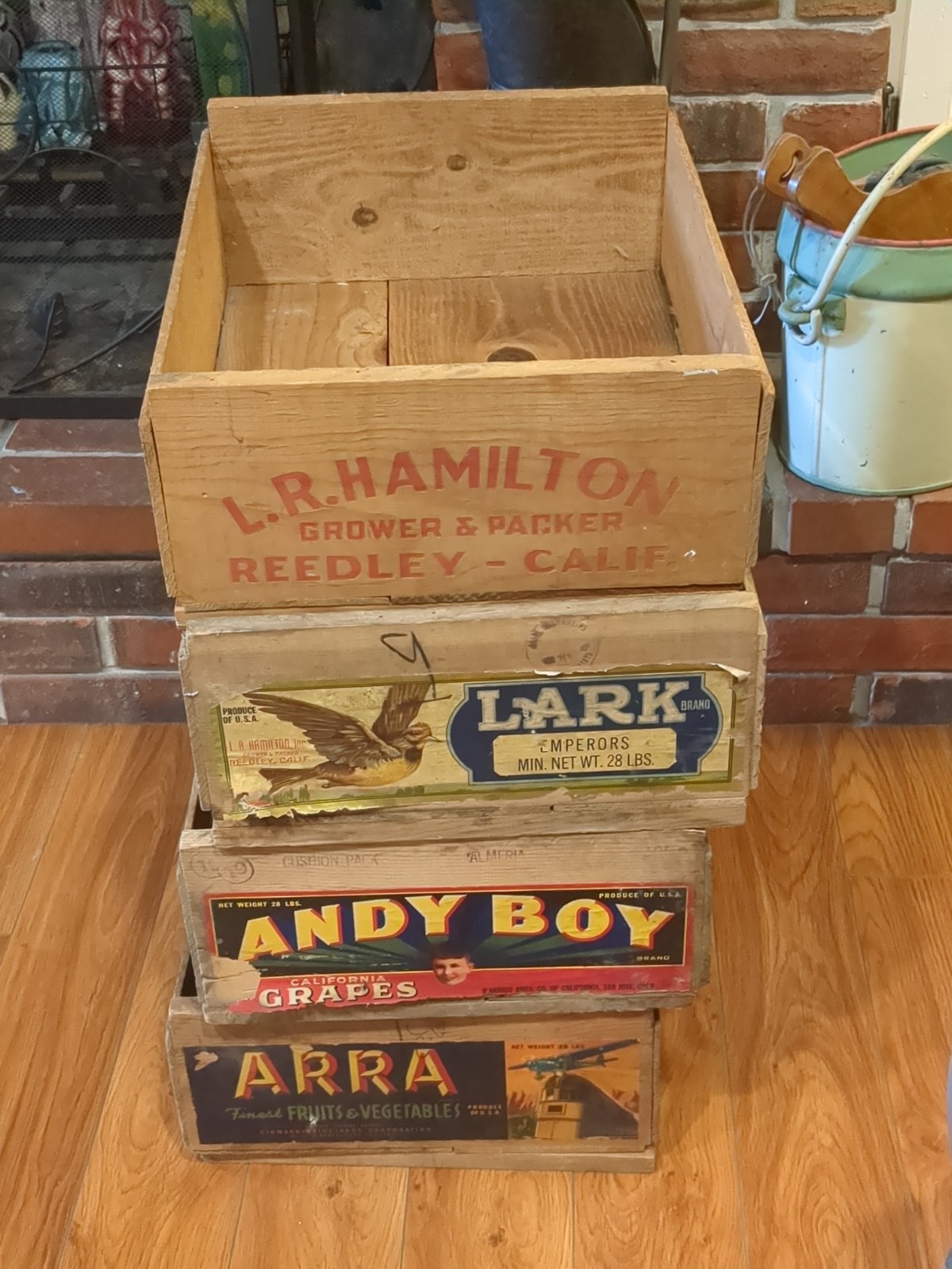 4 Vintage Wood Fruit Crates - ARRA Grapes - Bakersfield, CA. & More 14x17.5x7.25