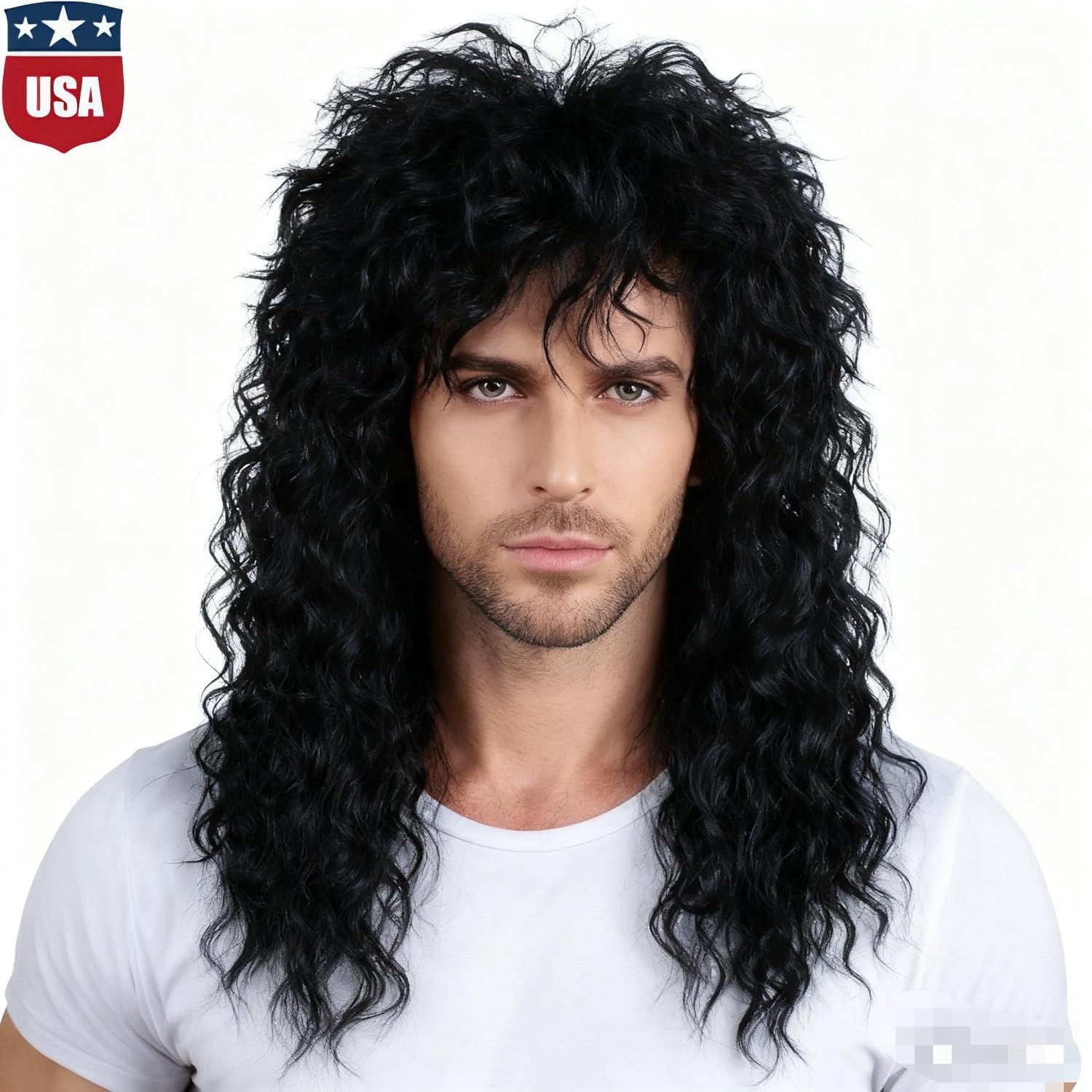 Men\'s 80s Black Long Curly Wig With Bangs Mullet Rock Wigs Costume Male Wig US