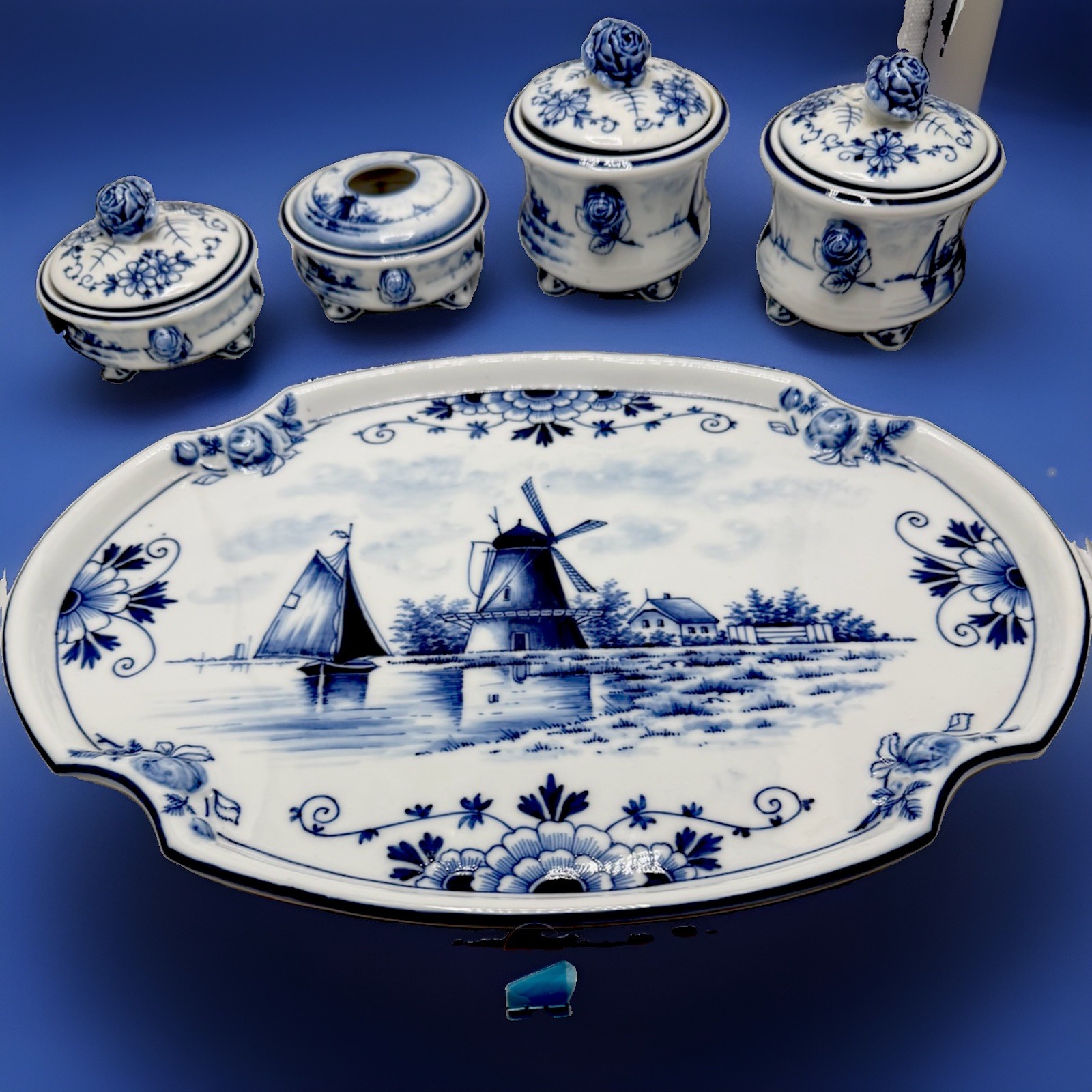 Delft Blue White Beautiful Dutch Windmill Porcelain Dresser Set Delft Blue White Beautiful Dutch Windmill Porcelain Dresser Set