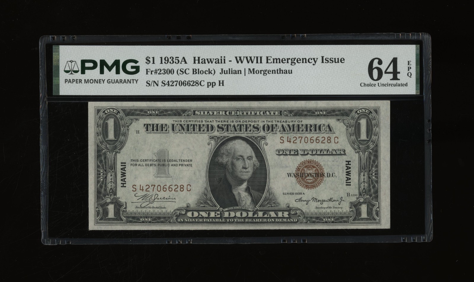 DBR 1935-A $1 Silver Hawaii SC Block Fr. 2300 PMG 64 EPQ Serial S42706628C