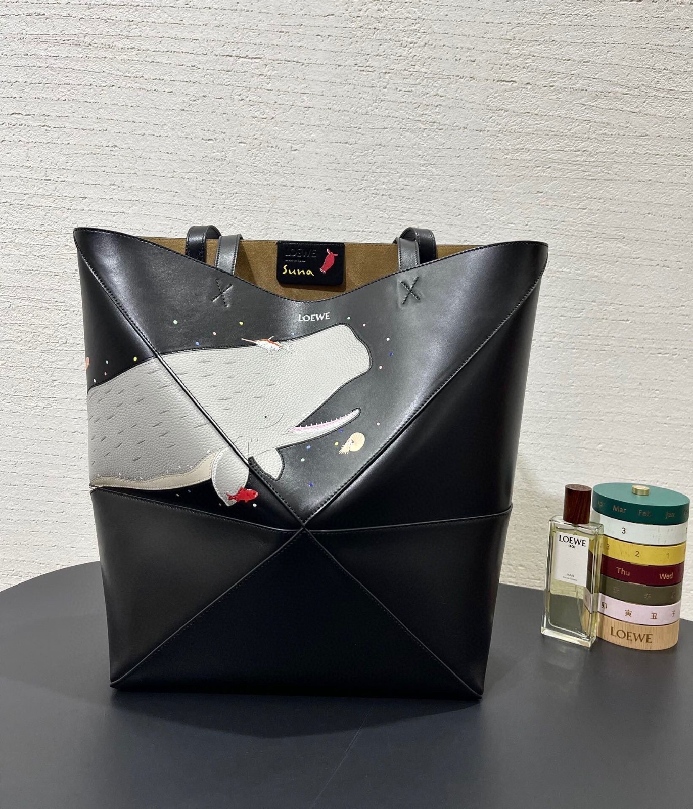 Loewe X Suna Fujita Puzzle Fold Whale Large Tote Bag Black Leather