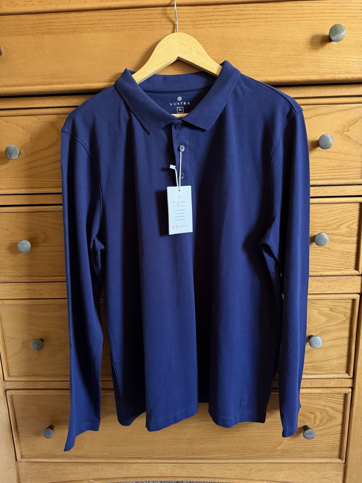 NEW Vustra Polo Shirt Mens X-Large Navy Blue Long Sleeve Organic Cotton Eco NEW Vustra Polo Shirt Mens X-Large Navy Blue Long Sleeve Organic Cotton Eco