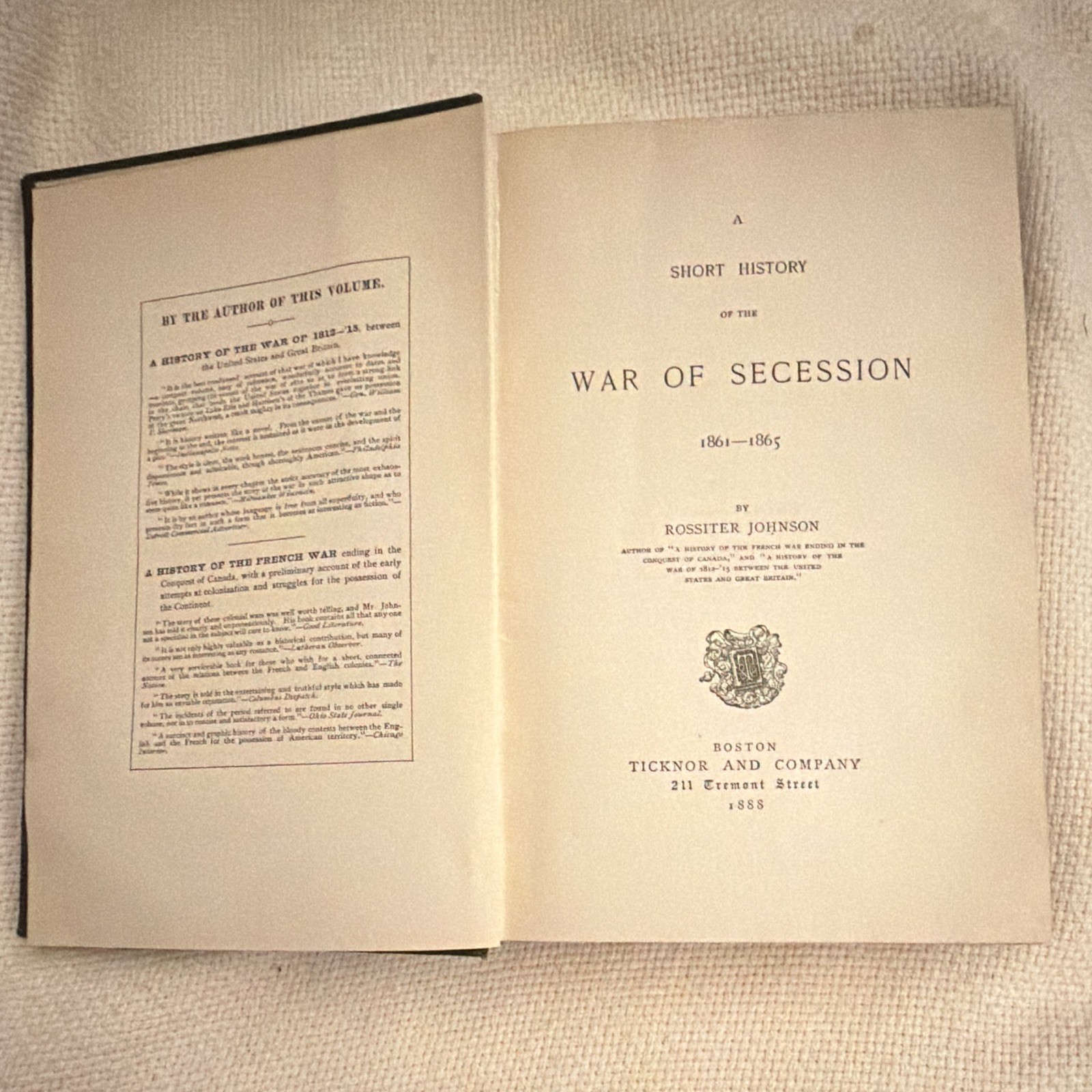 1888 RARE 1st Ed A Short History of the War of Succession 1861-65 CADET ARMORY