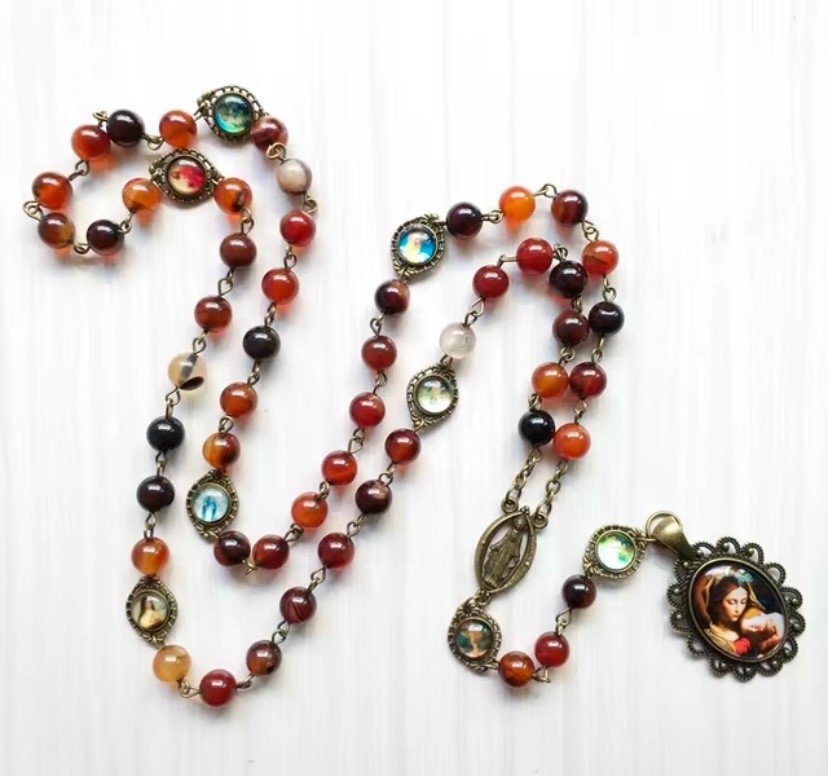 Catholic Seven Sorrows of Mary Rosary Chaplet Stone Retro Rosario Siete Dolores