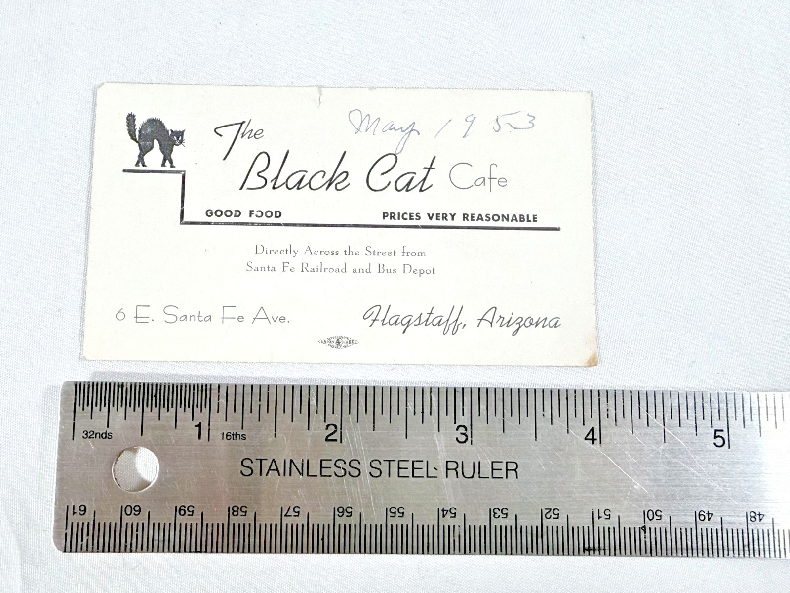 Rare Vintage 1953 The Black Cat Cafe Business Card & Souvenir Road Trip Mileage 