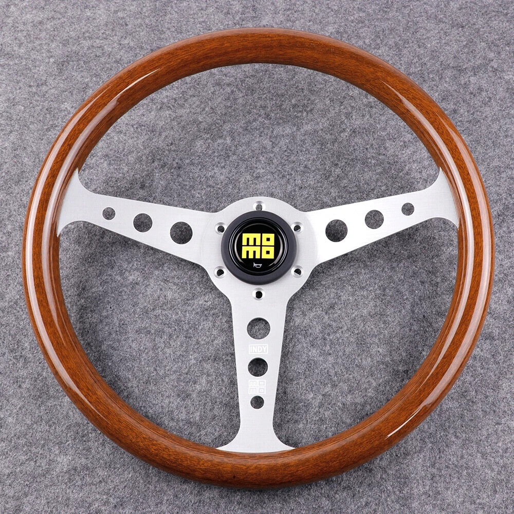 350mm Silver MOMO Heritage Indy Woodgrain Mahogany Wood Classic Steering Wheel