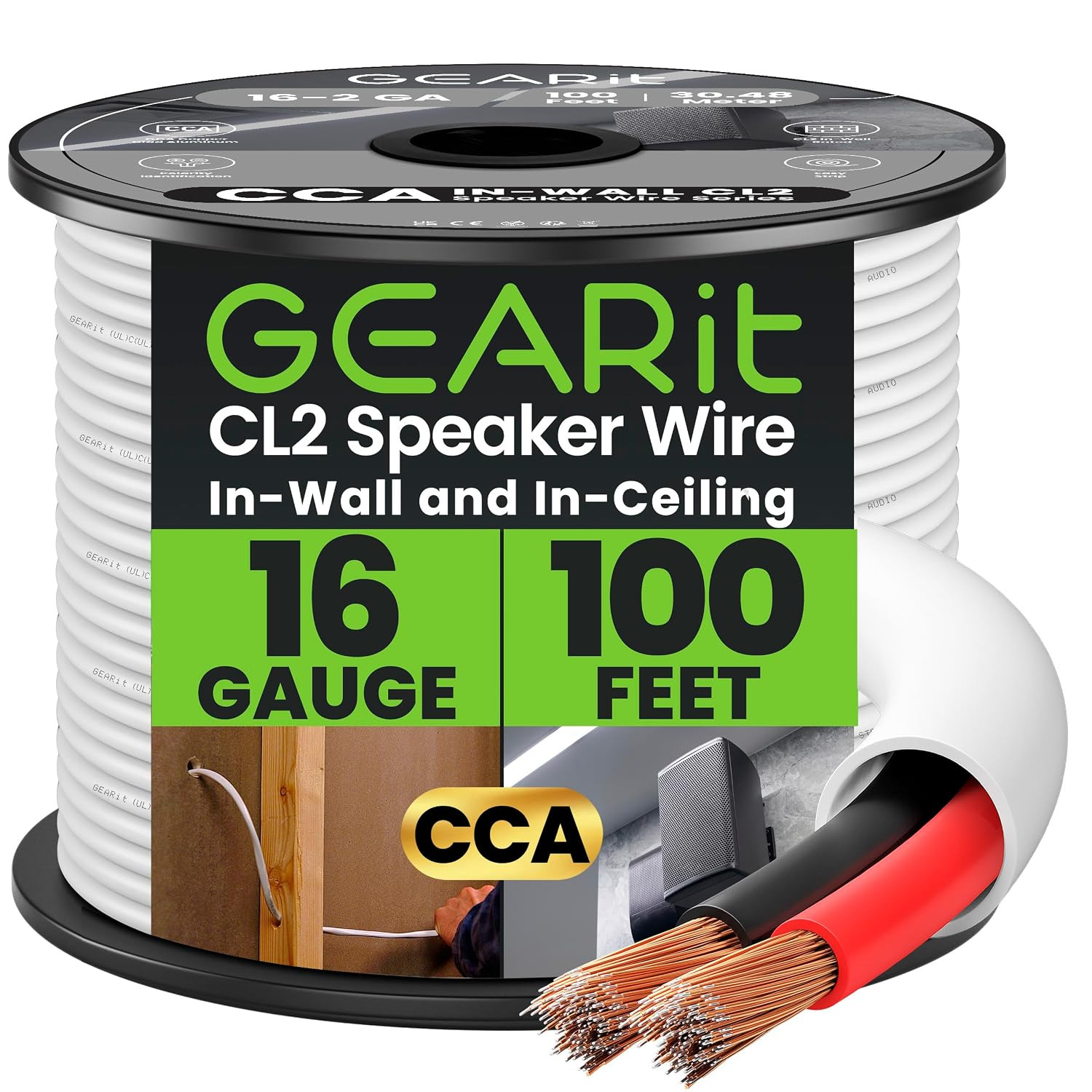 GEARit 16 Gauge in-Wall Speaker Wire 100FT,CL2 Rated 16/2 CCA Wire,White