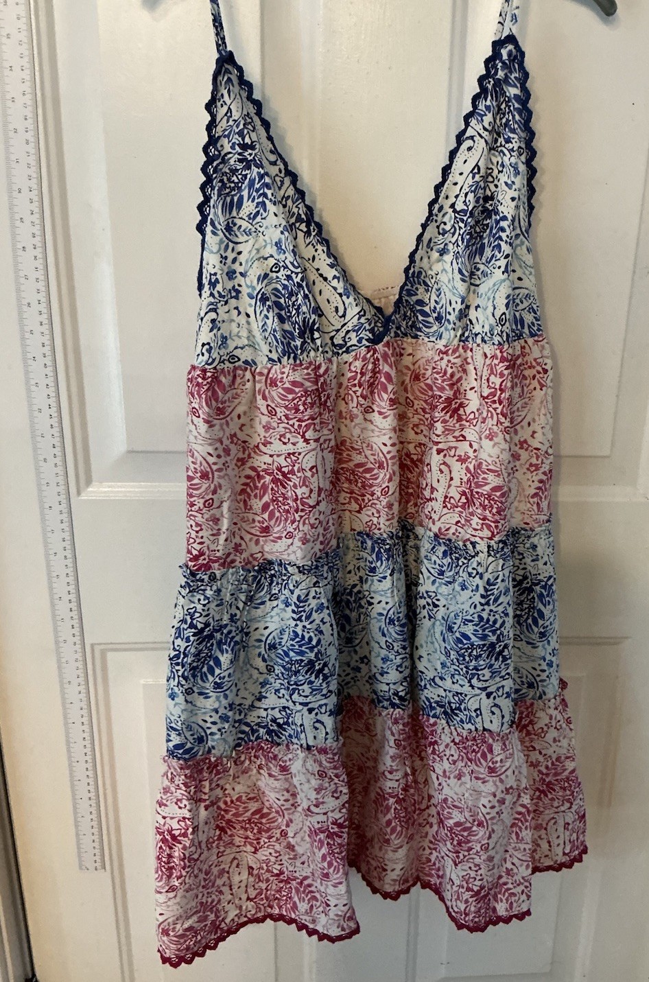 Heyson Womens XL NWT Blue Pink Floral Tiered Lace Trim Boho Mini Dress