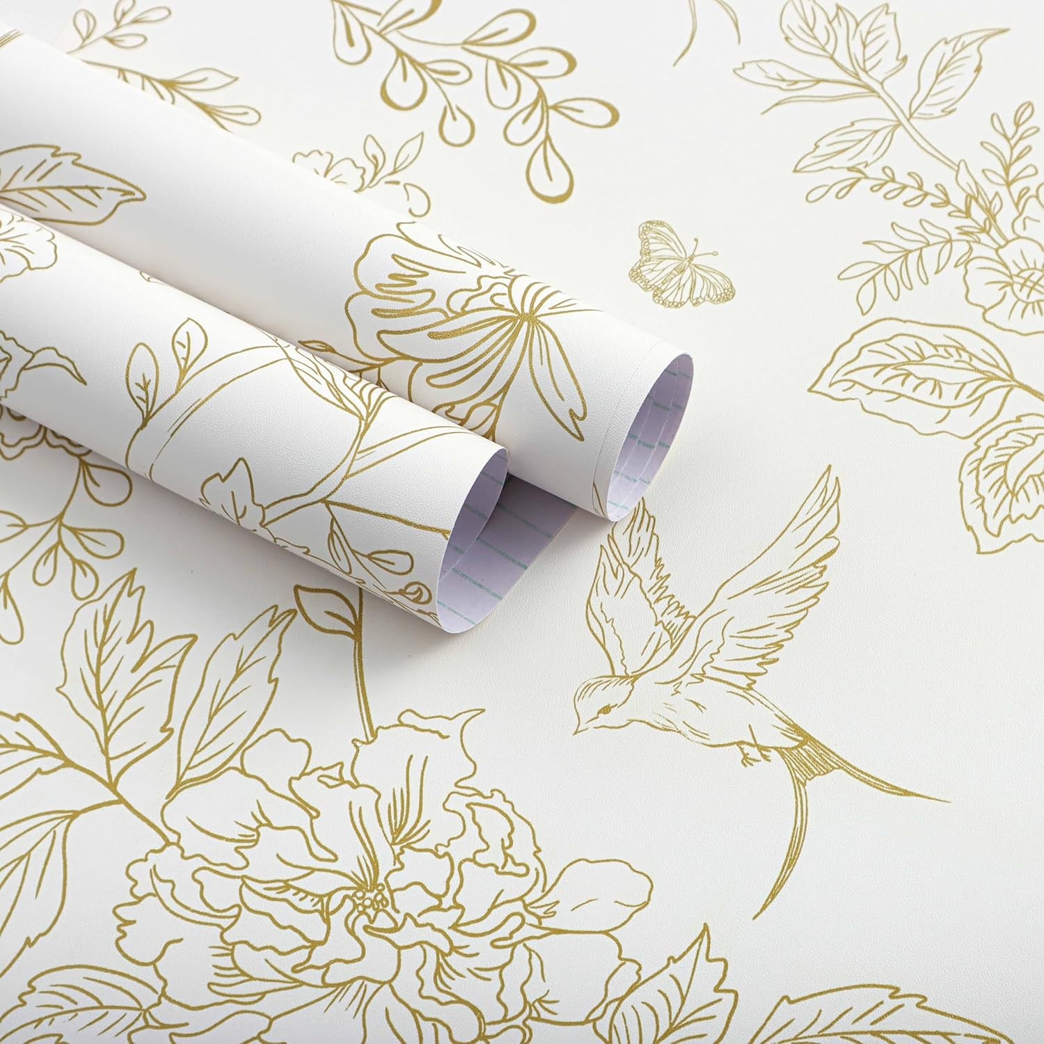 Cream white and gold floral wallpaper, measuring 17.7 inches × 393.7 inches.