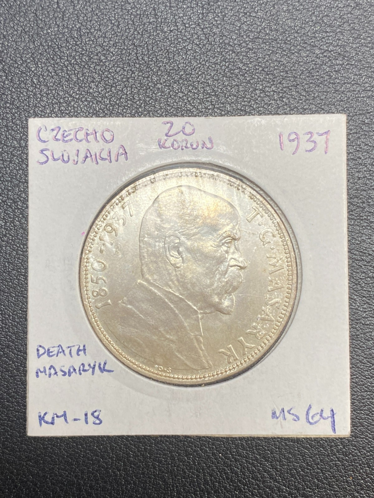 1937 Czechoslovakia 20 Korun Death of President Masaryk Silver Coin UNC  8-31