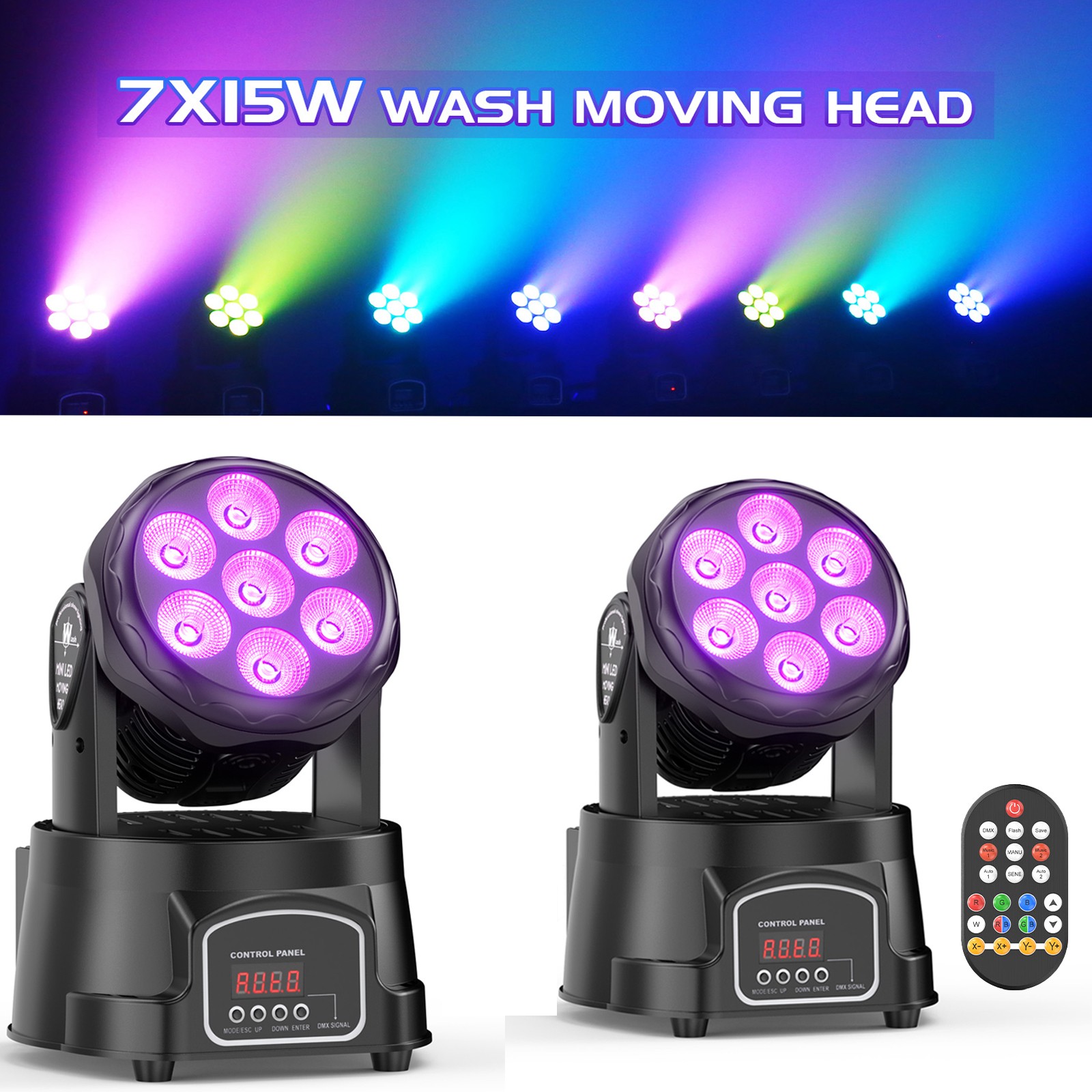 2pcs 105W Moving Head Lights 7LED RGBW Beam Wash Stage Lighting Disco Party Show
