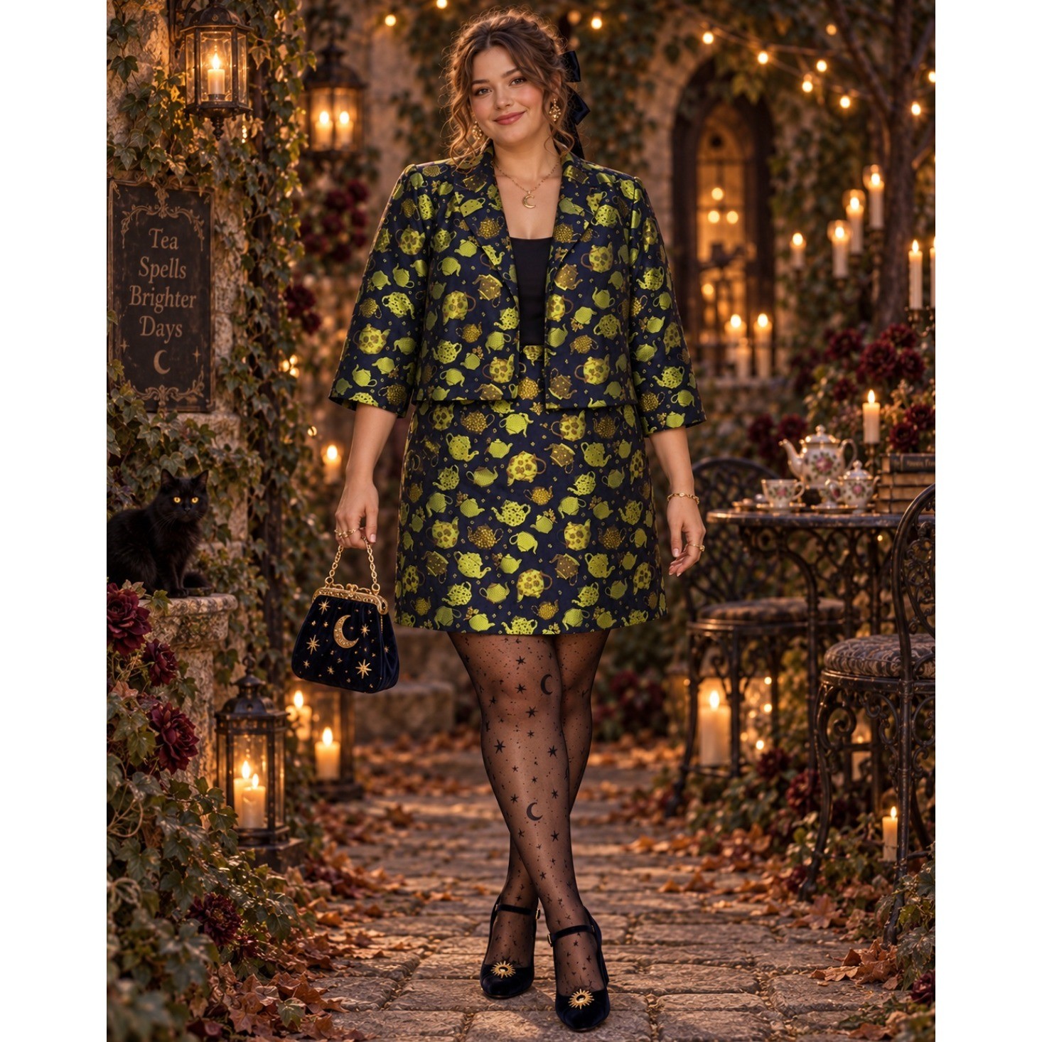 MODCLOTH Catch Your Fancy Teacup Alice in Wonderland Blazer Skirt Set 1X 2X