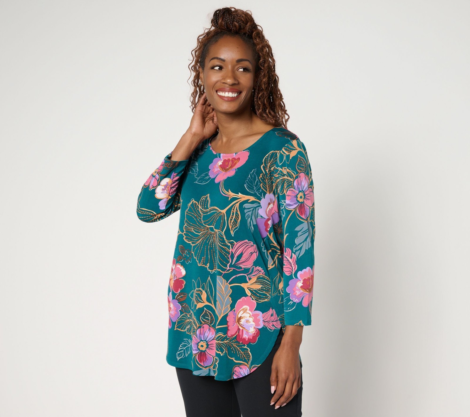 Susan Graver Women\'s Top Sz S Printed Liquid Knit Tulip Hem Multi-colored