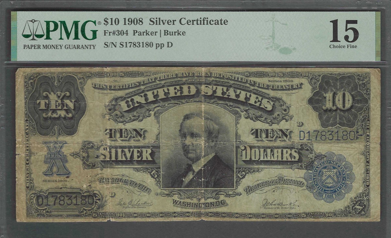 1908 $10 TOMBSTONE Note LARGE Size PMG CERTIFIED Silver Certificate