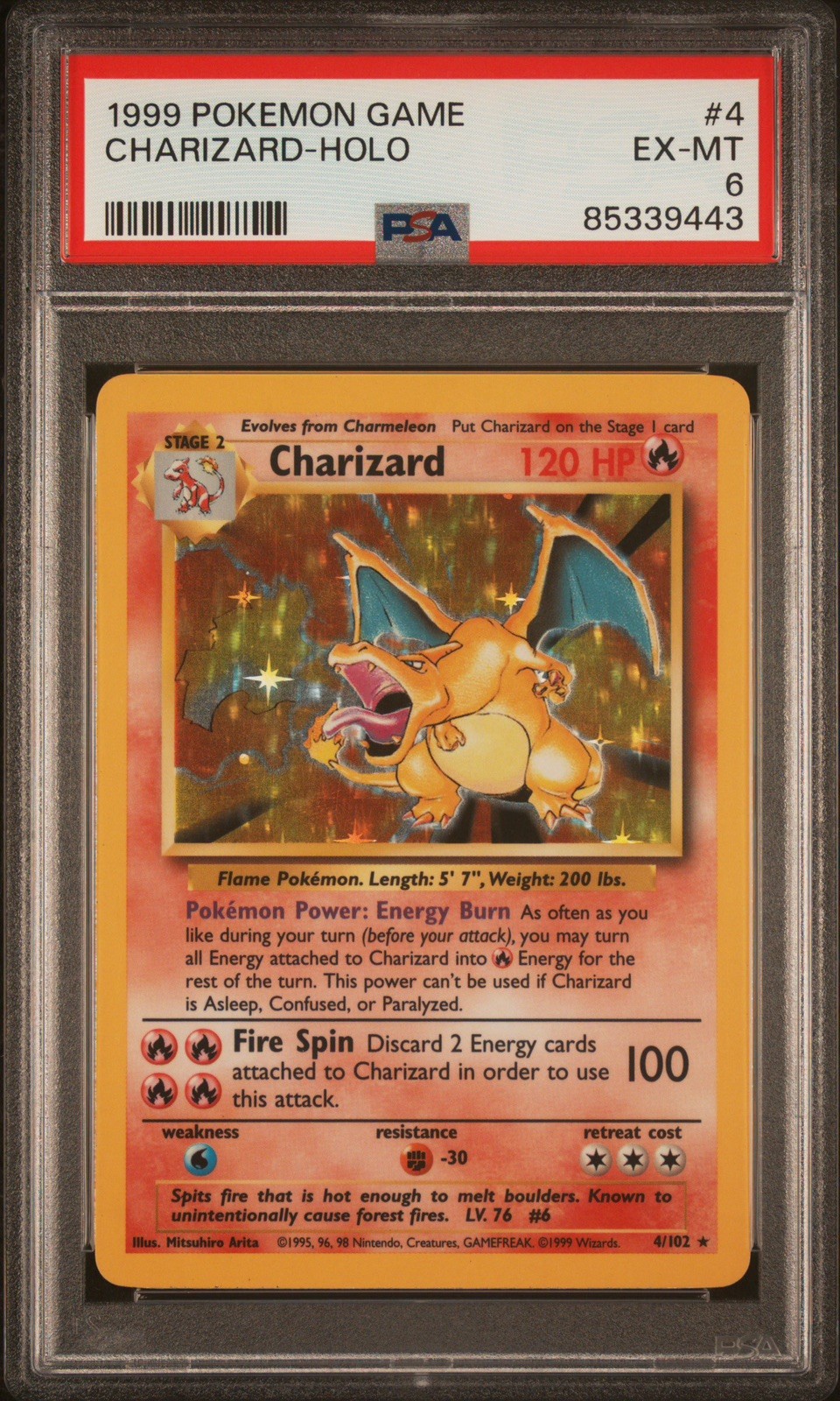 1999 Pokemon Base Set Charizard Holo #4 PSA 6 EX-MT Unlimited WOTC