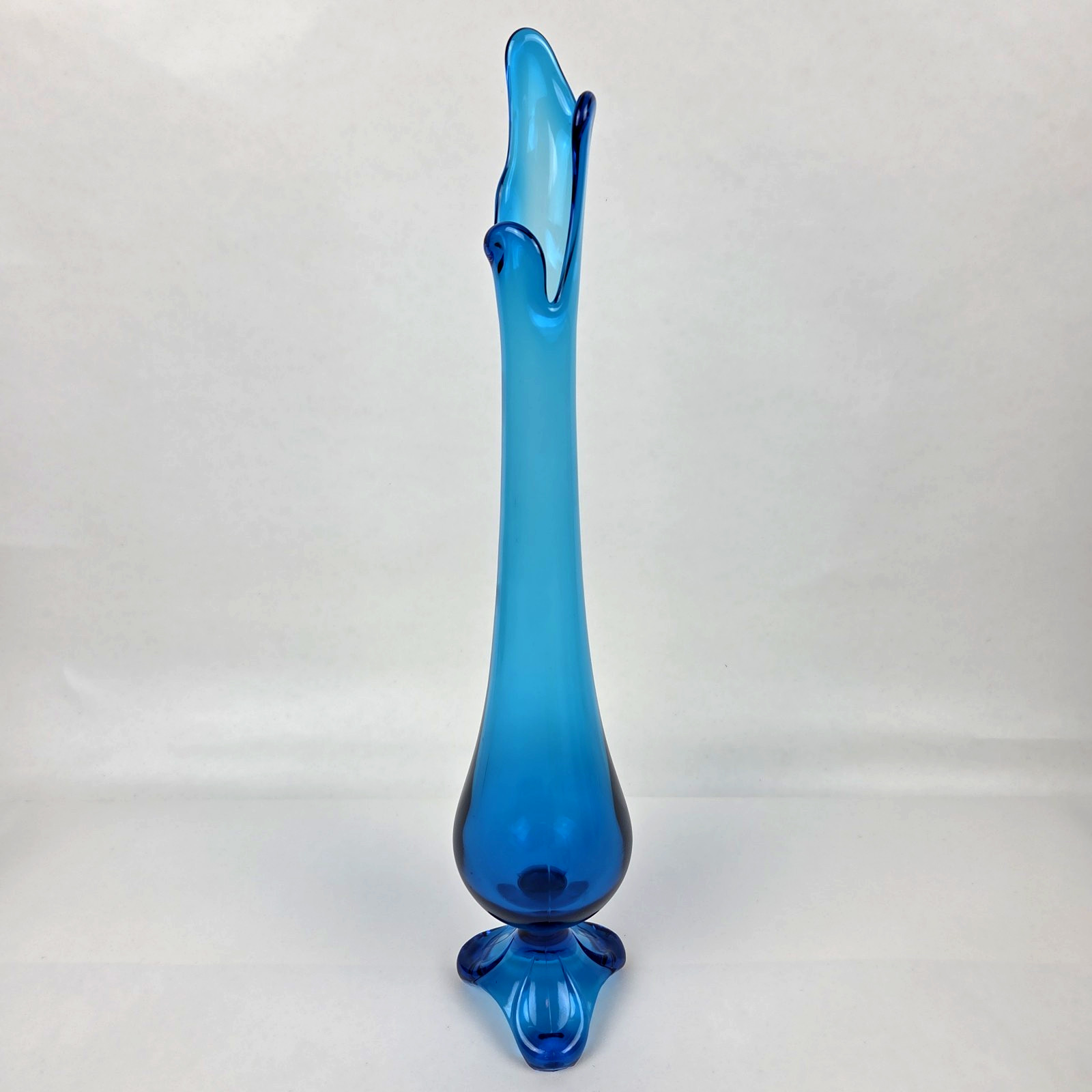 Vintage Viking Glass Blue Swung Vase 3 Toe Epic Petal Base MCM 17.75\