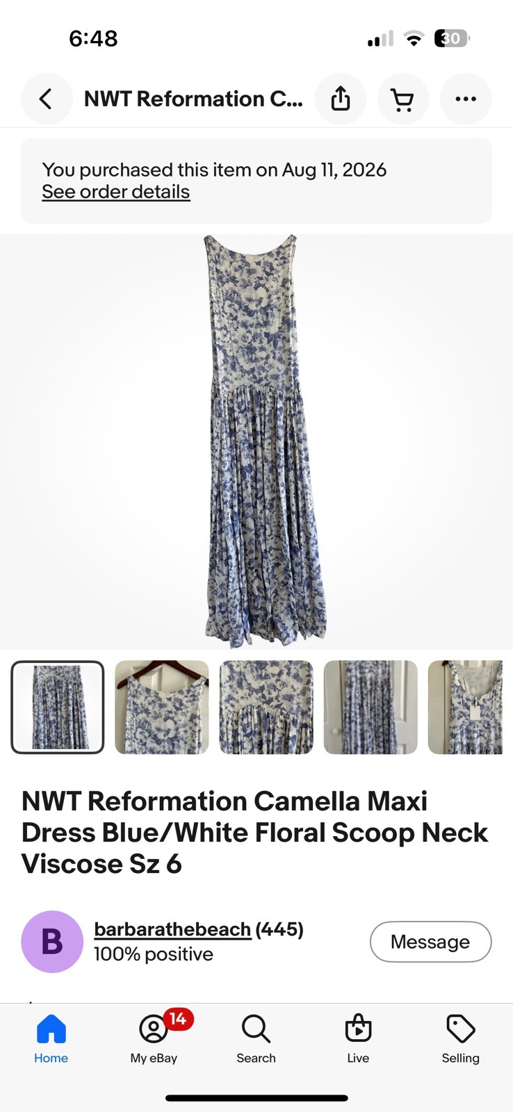 NWT Reformation Camella Maxi Dress Blue/White Floral Scoop Neck Viscose Sz 6