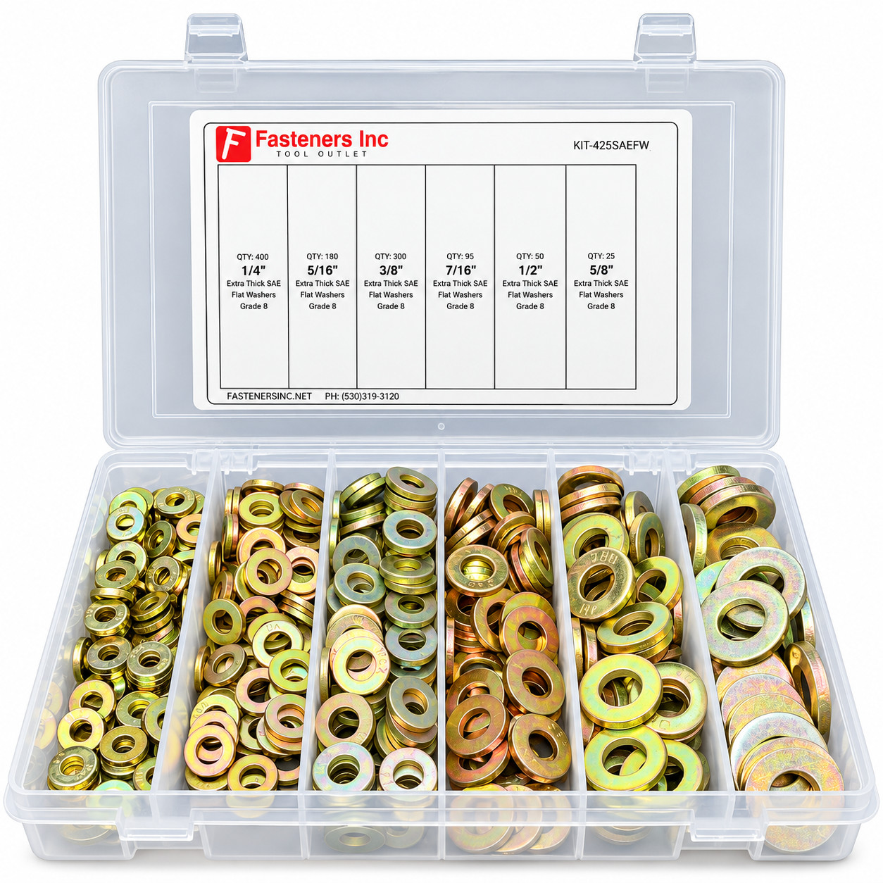 425 Piece Grade 8 SAE Extra Thick Heavy Duty Flat Washer Assortment Kit  6 Sizes