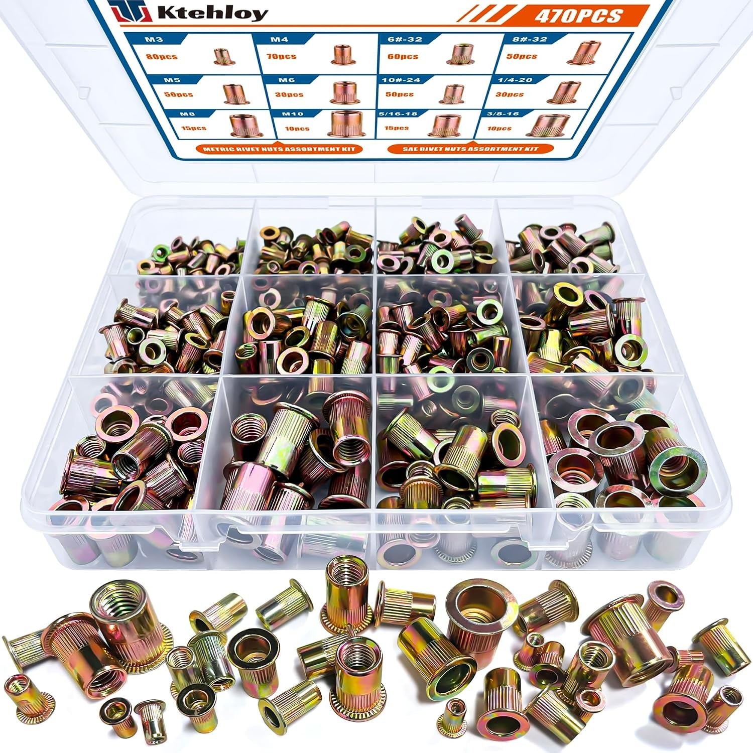 470Pcs SAE UNC Rivet Nut Assortment Kit, Zinc Plated Carbon Steel Rivnut Threade 470Pcs SAE UNC Rivet Nut Assortment Kit, Zinc Plated Carbon Steel Rivnut Threade