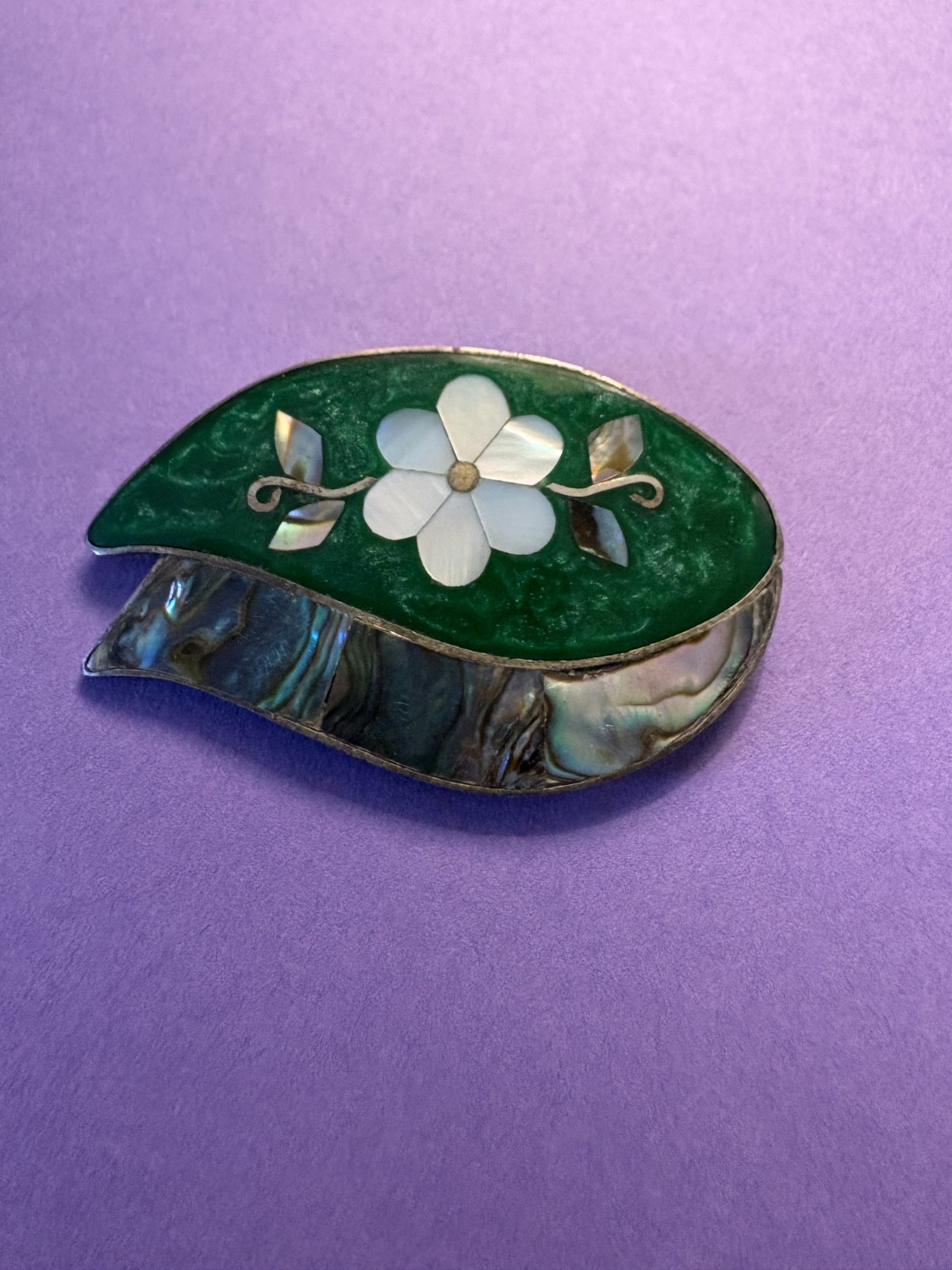 Vintage Signed ALPACA MEXICO Silver Brooch with Abalone Shell Inlay Vintage Signed ALPACA MEXICO Silver Brooch with Abalone Shell Inlay