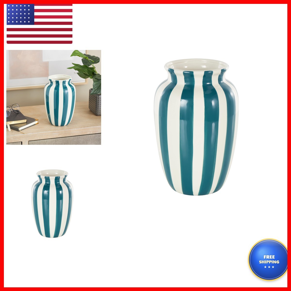 Deco 79 Ceramic Vase Round Wide Centerpiece Teal Vertical Stripes 6x6x10 Deco 79 Ceramic Vase Round Wide Centerpiece Teal Vertical Stripes 6x6x10