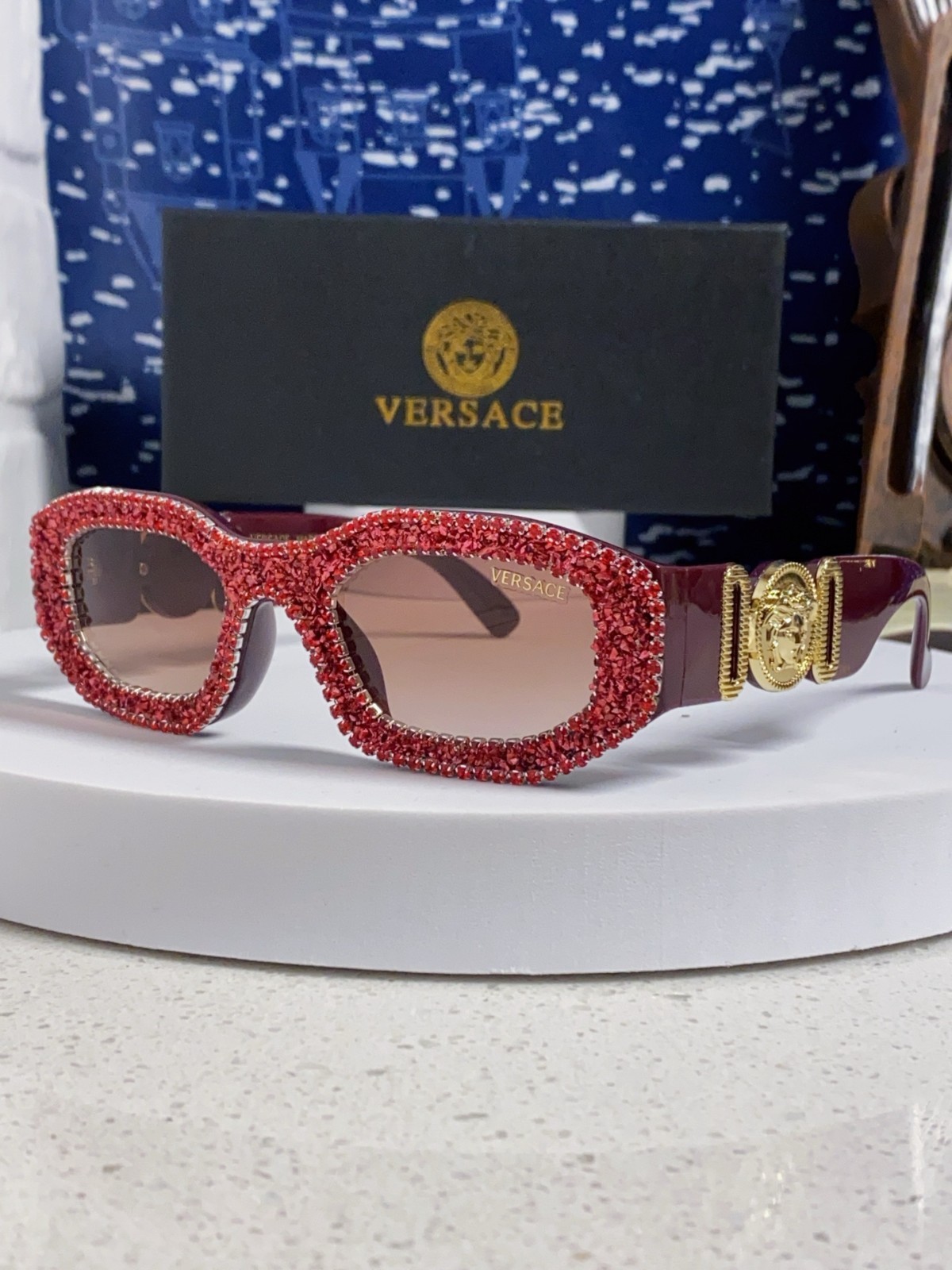 Versace Sunglasses Red Rhinestone Pink Lens
