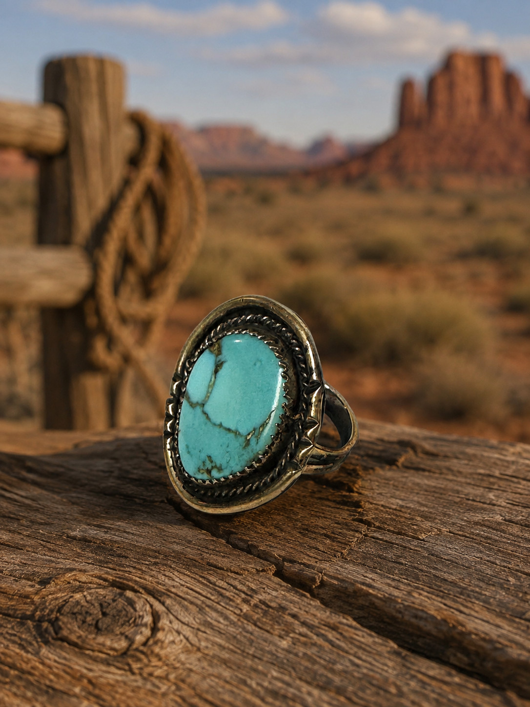 VTG Southwest Navajo Native Sterling Silver Oval West Turquoise Rope Ring Sz 6.5 VTG Southwest Navajo Native Sterling Silver Oval West Turquoise Rope Ring Sz 6.5