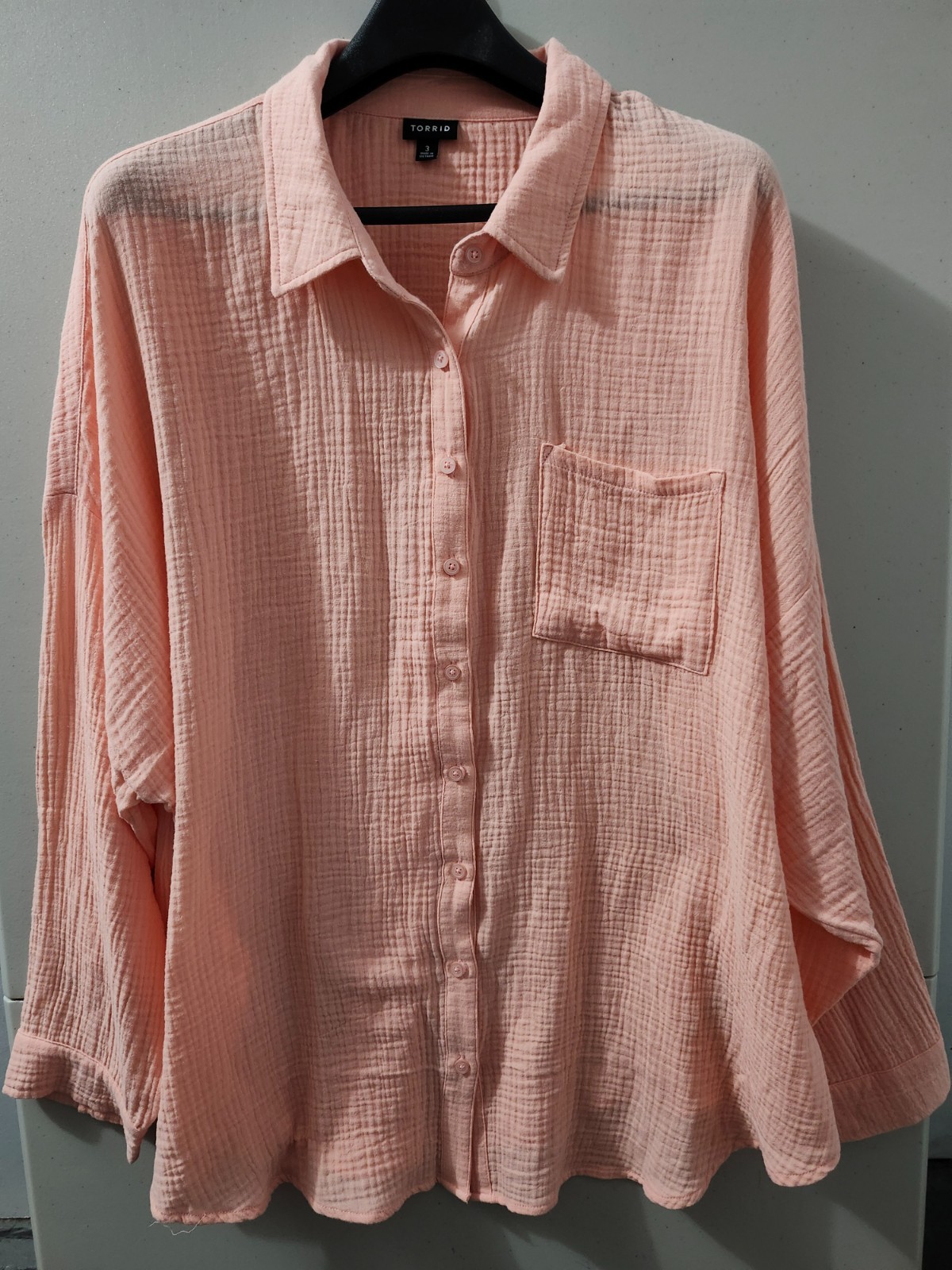 Torrid Top Womens 3X Pink Drop Shoulder Button Up Gauze Crinkle Cotton Pocket