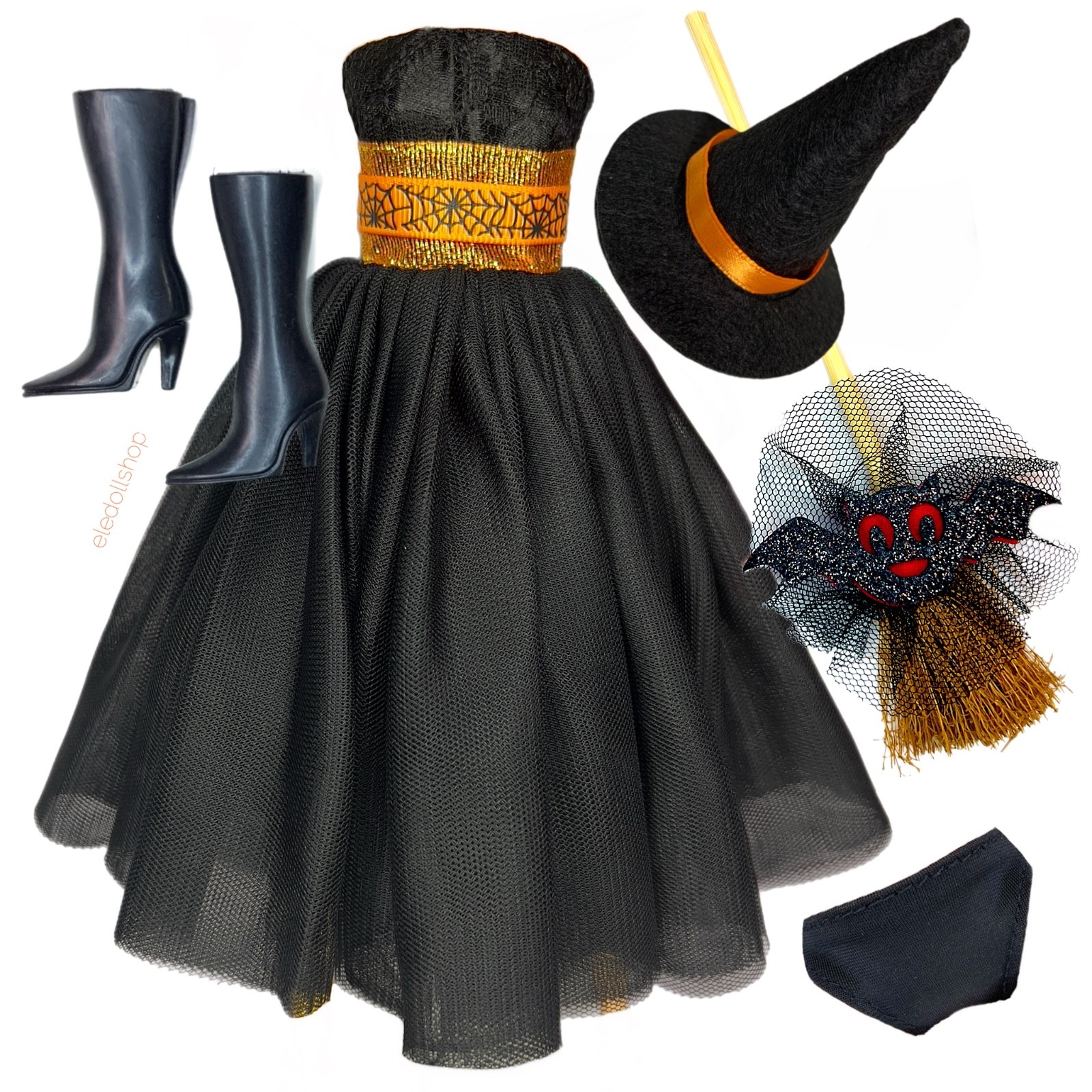Eledoll Clothes Halloween Doll Fashion Pack Black Dress Witch Hat Boots Broom