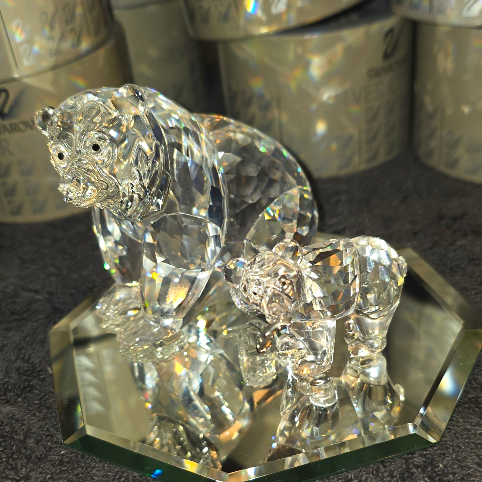 Swarovski Silver Crystal Clear Faceted Bear Figurines Set of 2 Boxed Austria