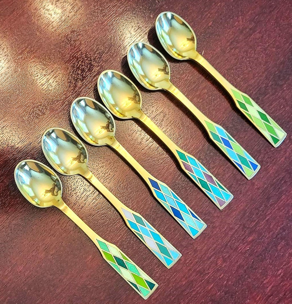Stunning VTG GEORG JENSEN Sterling Silver Harlequin Enamel Gilt 6 Spoon Set Box