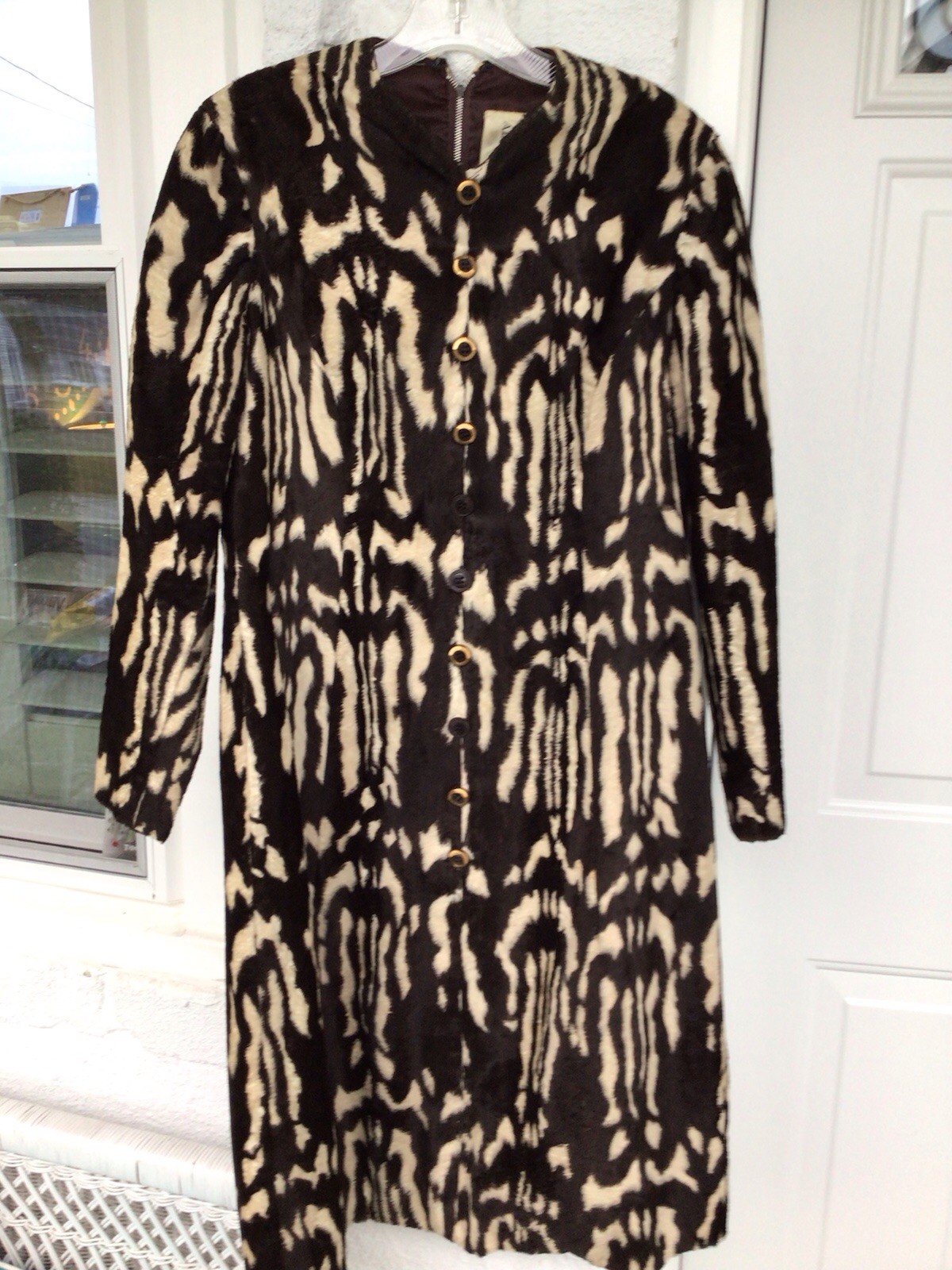 Adele Simpson Vintage Brown & White Animal Print Long Sleeve Dress Size Small.