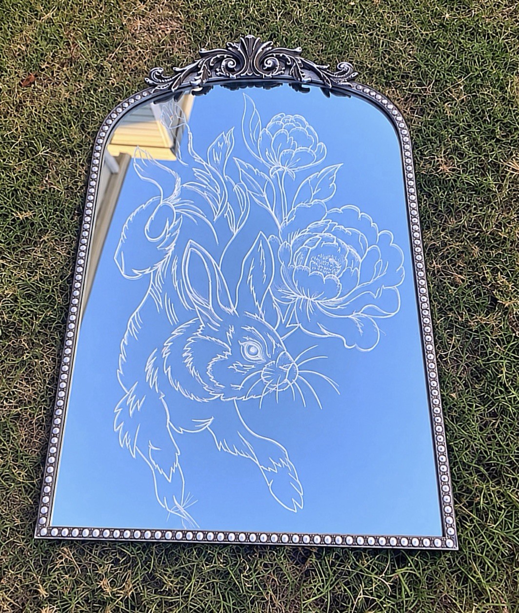 Hand Engraved Rabbit Floral Mirror 20x30 Ornate Silver Frame Original Art