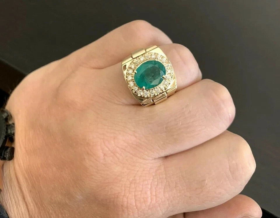 6.40Ct Natural Green Emerald and Diamond 10K Solid Yellow Gold Men\'s Ring Allsiz