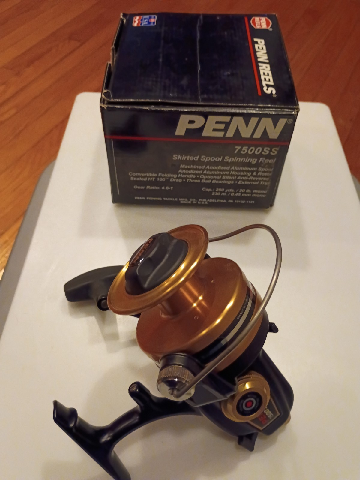 VINTAGE ( PENN ) 7500-SS Black & Gold SPINNING REEL/ SKIRTED SPOOL/ ORIGINAL BOX VINTAGE ( PENN ) 7500-SS Black & Gold SPINNING REEL/ SKIRTED SPOOL/ ORIGINAL BOX