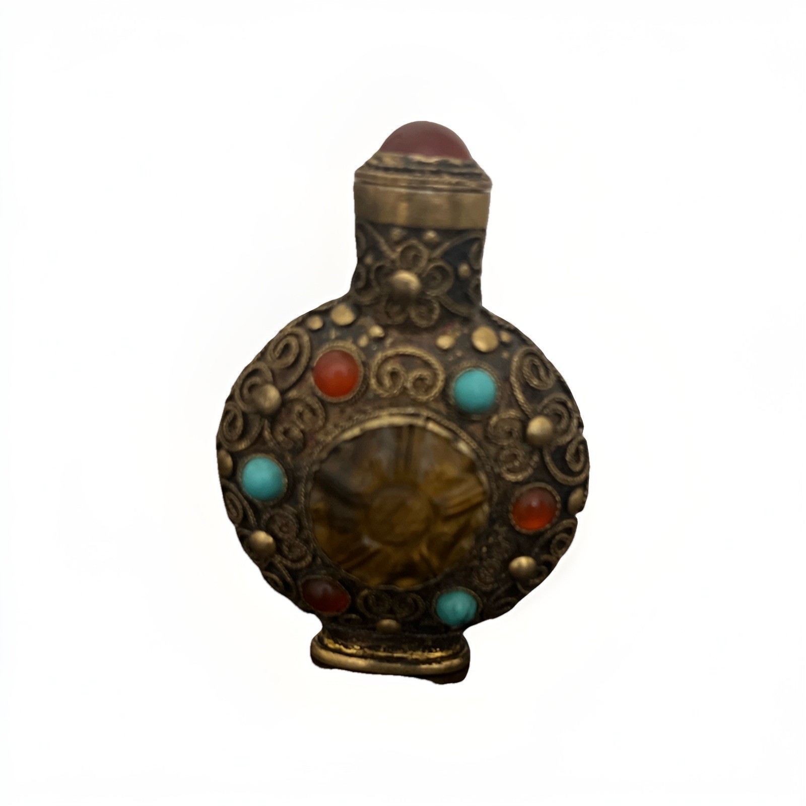 Vintage Gilded Metal Filigree Chinese Snuff Bottle with Cabochons Vintage Gilded Metal Filigree Chinese Snuff Bottle with Cabochons