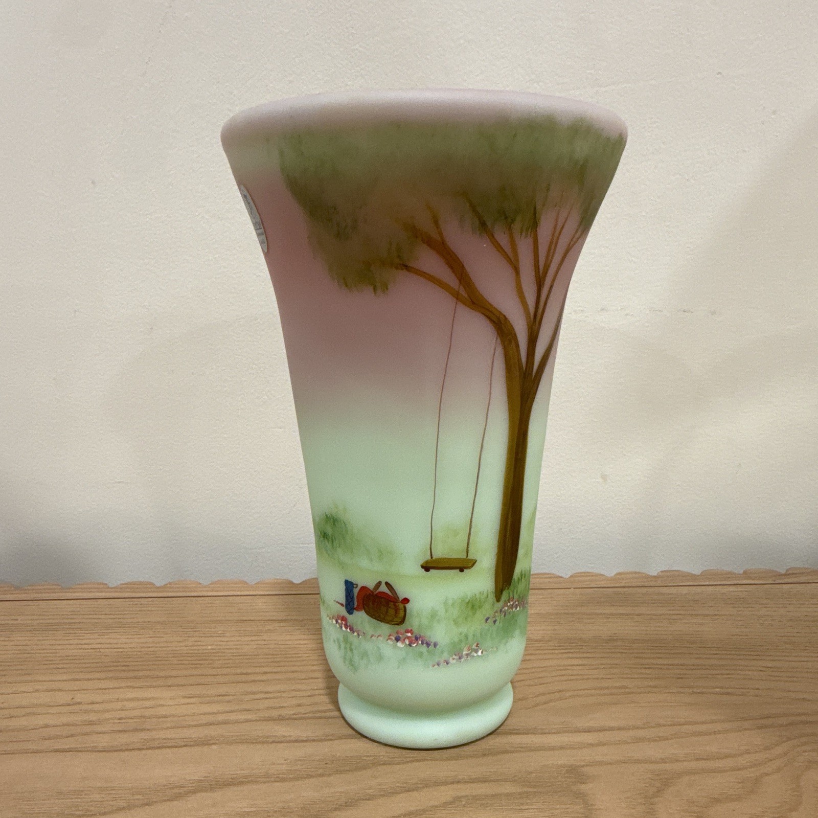 Fenton Four Seasons 2006 Hand Painted Burmese Art Glass Vase Pink/Green #651/100
