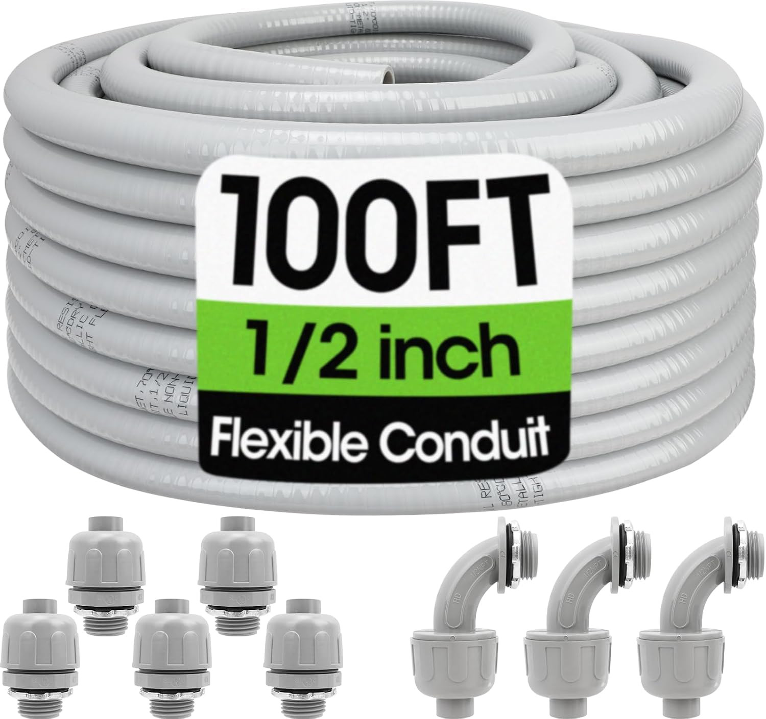 100FT Liquid-Tight Conduit and Connector Kit, 1/2 Flexible Non Metallic Electric