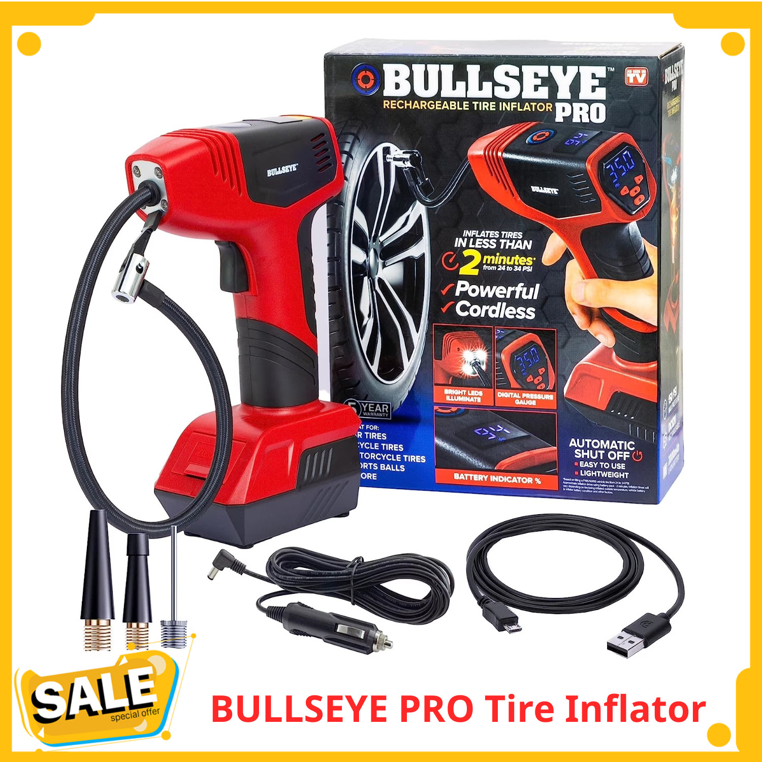BULLSEYE PRO Tire Inflator with Pressure Gauge, Compact and Portable, Automatic