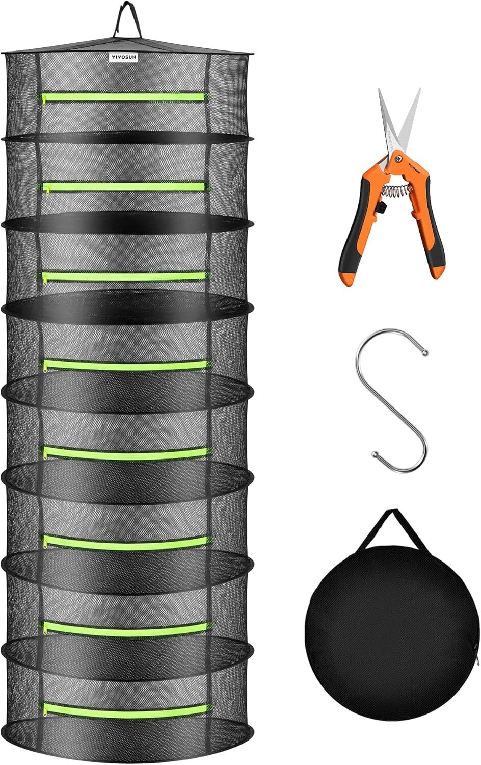 VIVOSUN 1-Pack 8-Layer Mesh Drying Rack Hanging Design with Green Zippers