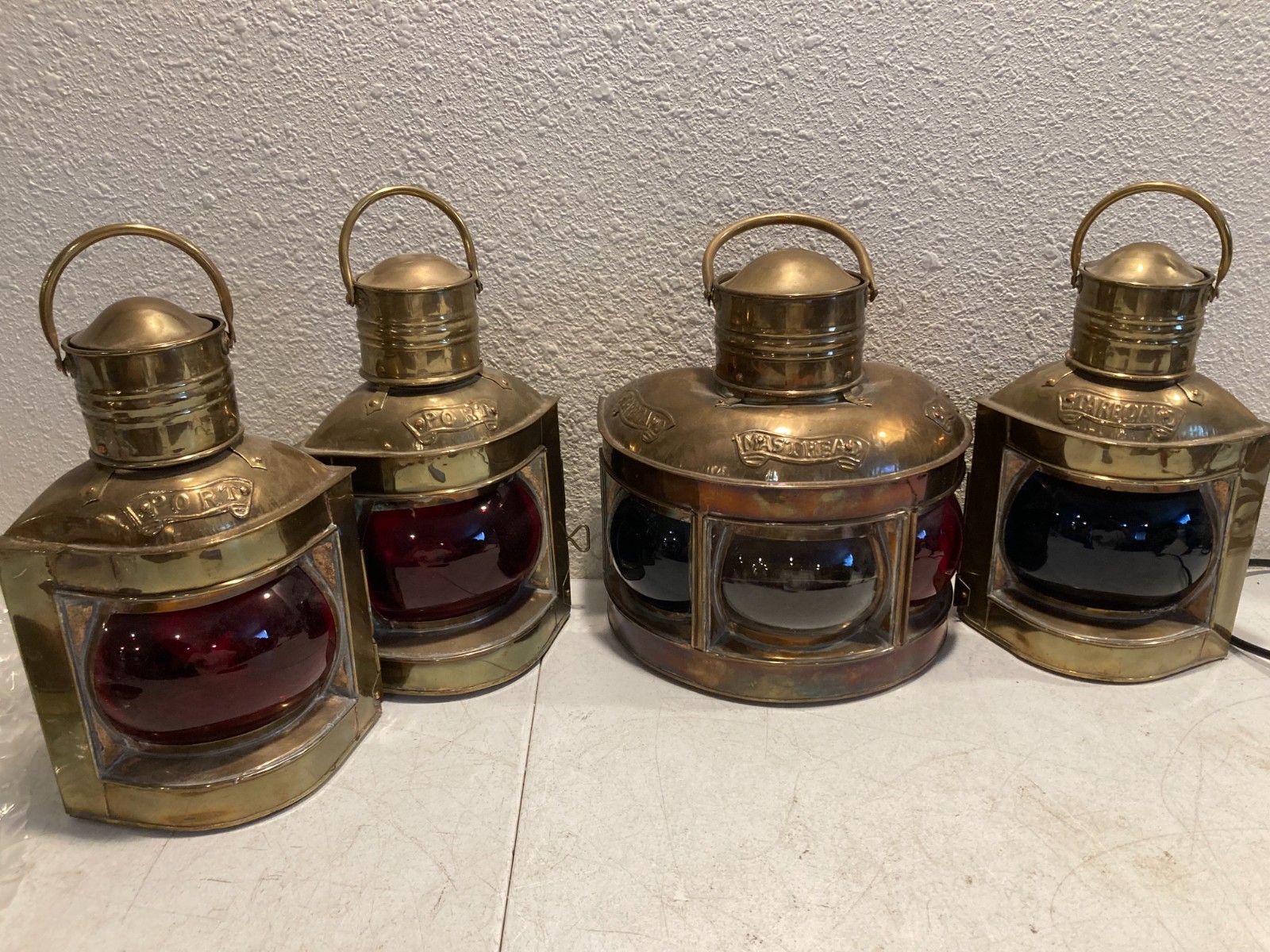 4 Antique Brass Ship Oil Navigation Lanterns Port Marine Nautical Red Blue
