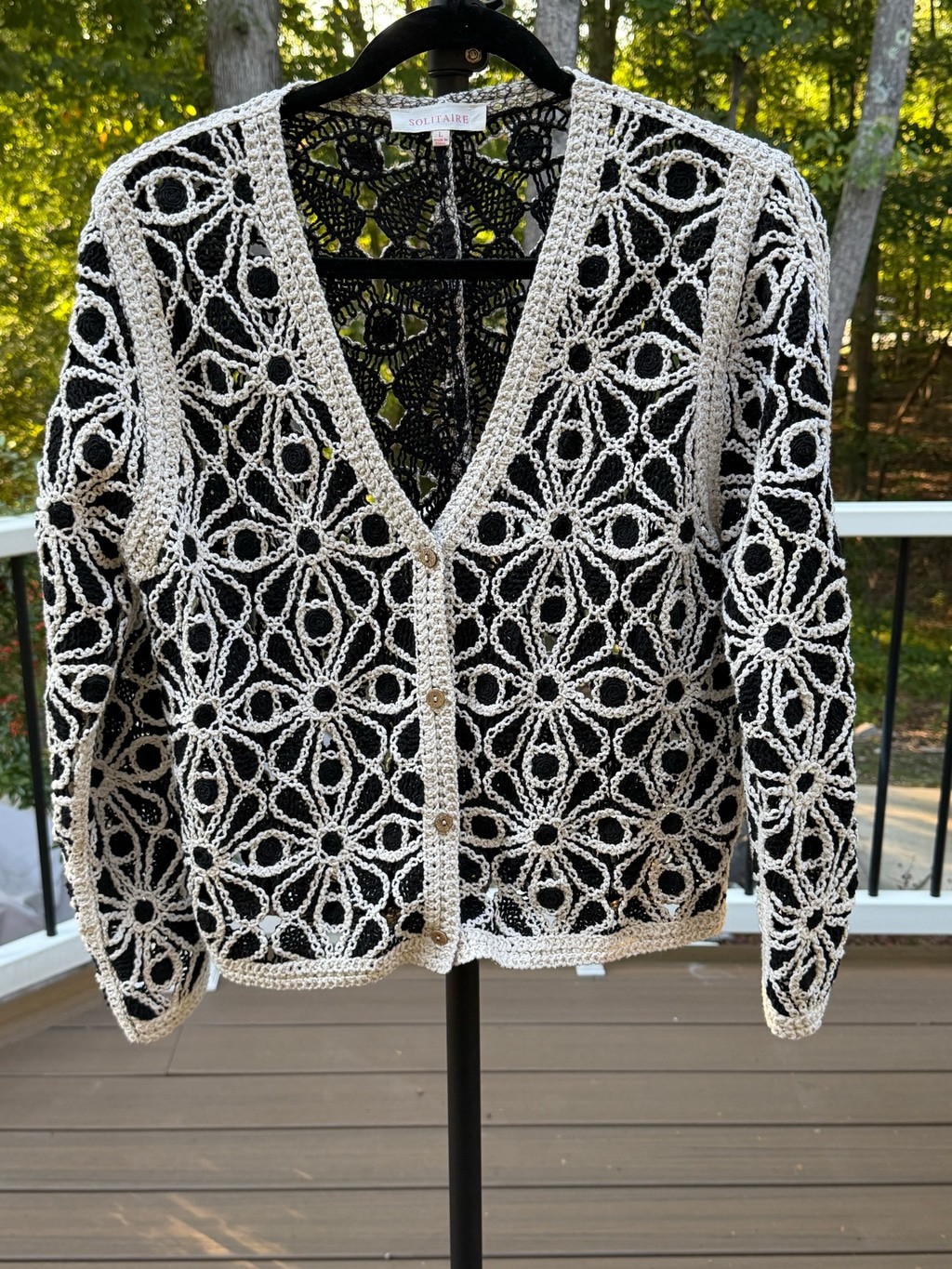 Anthropologie Solitaire Black & White Floral Pattern Crochet Cardigan Sz L (EUC)