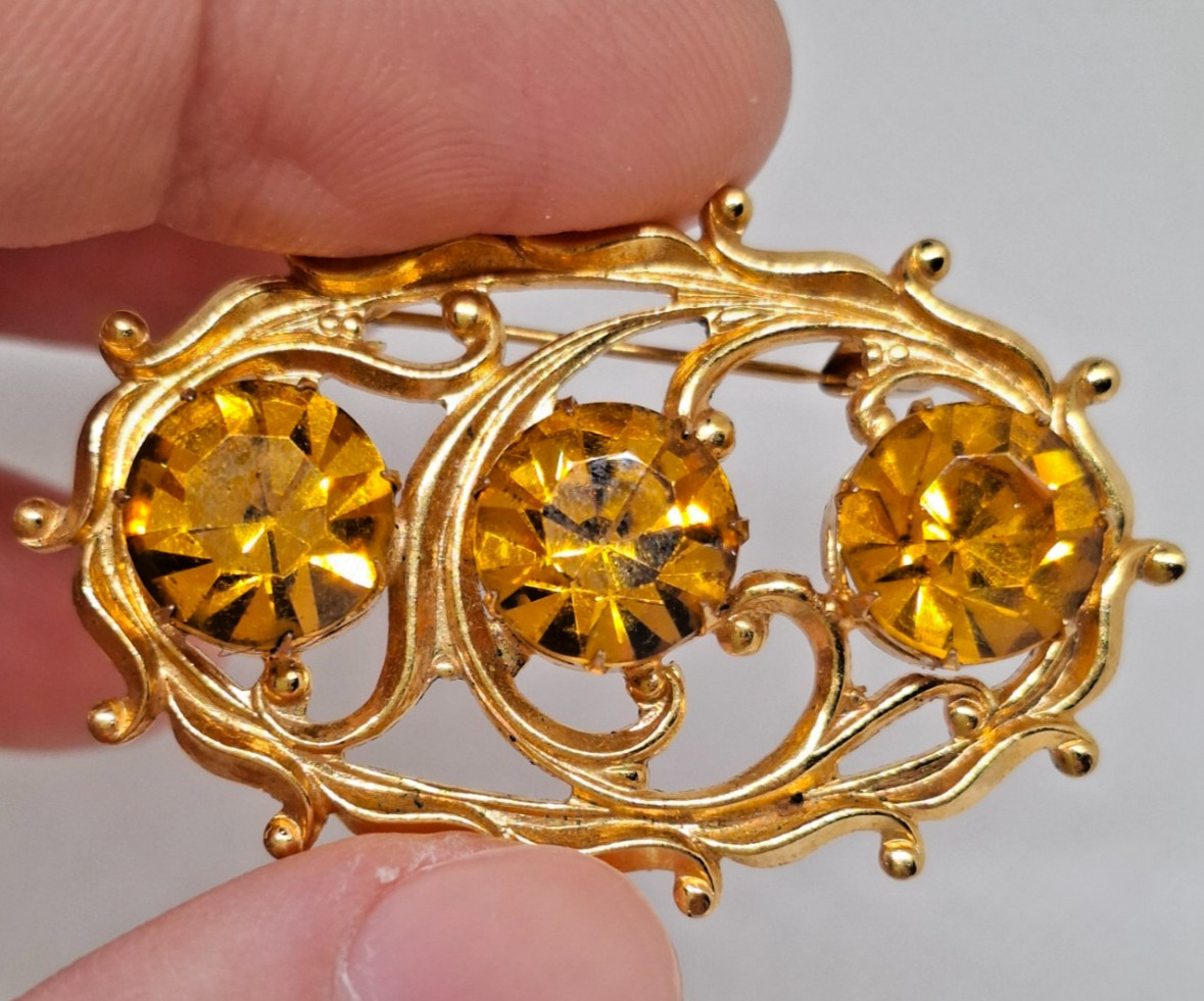Vintage Soviet USSR Amber Topaz Citrine Glass Brooch Gold Plated Signed Floral