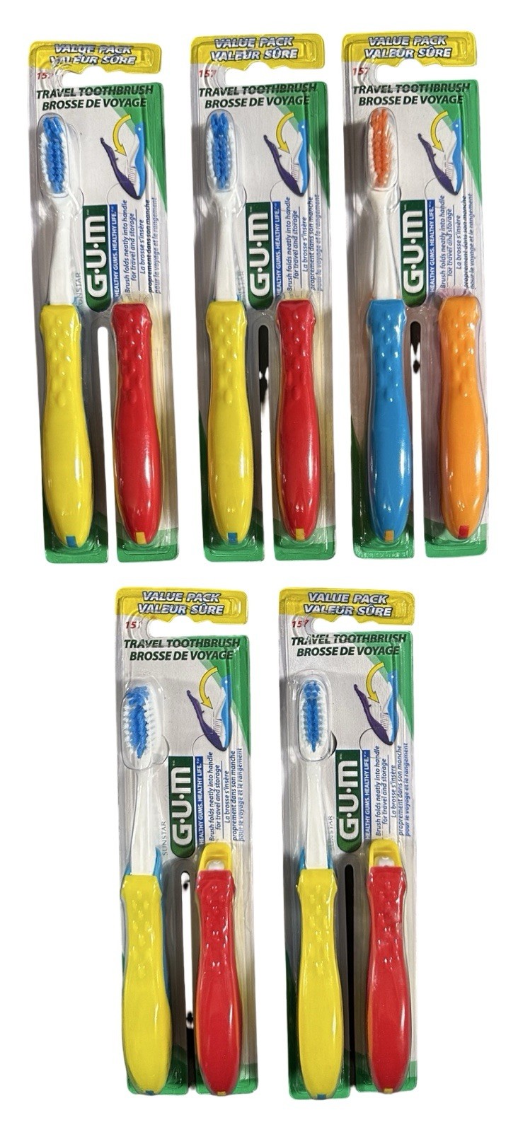 5 Packs of 2 G-U-M Folding Travel SOFT Toothbrushes - Assorted Colors (10 Total)