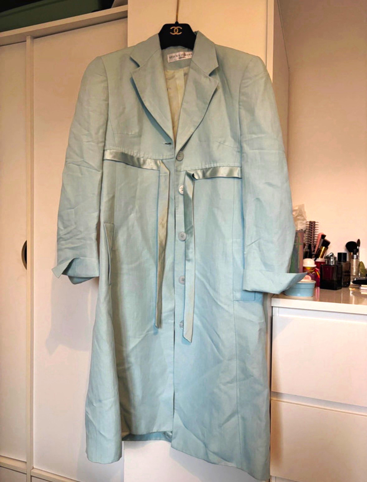 Sticky Fingers Blue Satin Trench Coat Belted Button Front Long Lined Women 10